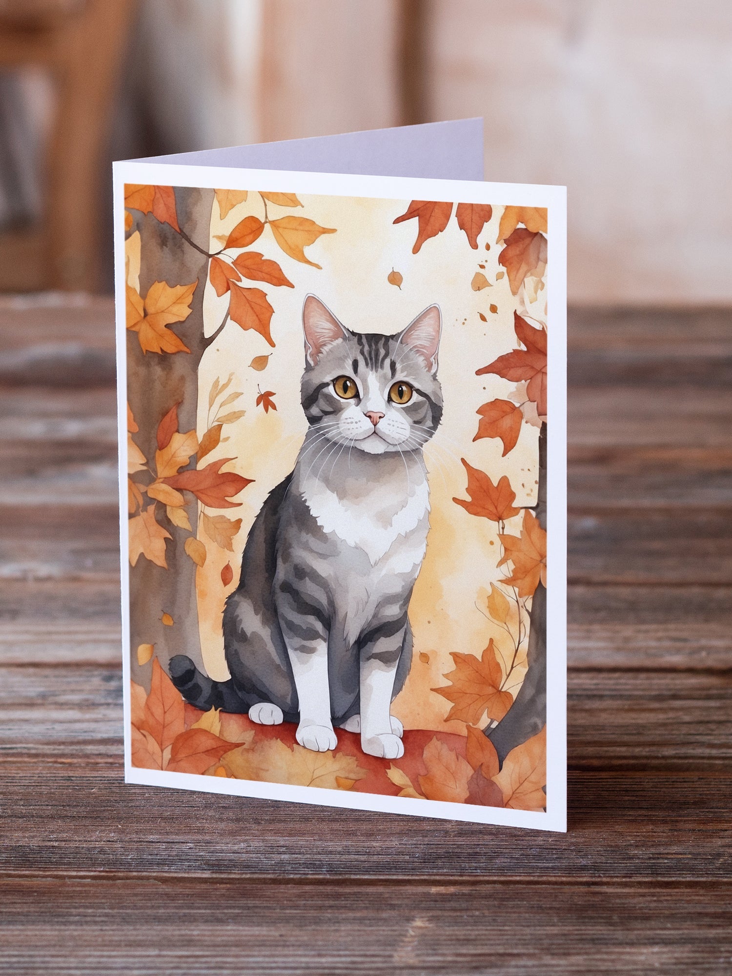 American Wirehair Cat in Fall Leaves Greeting Cards Pack of 8 Blank Cards with Envelopes Whimsical A7 Size 5x7
