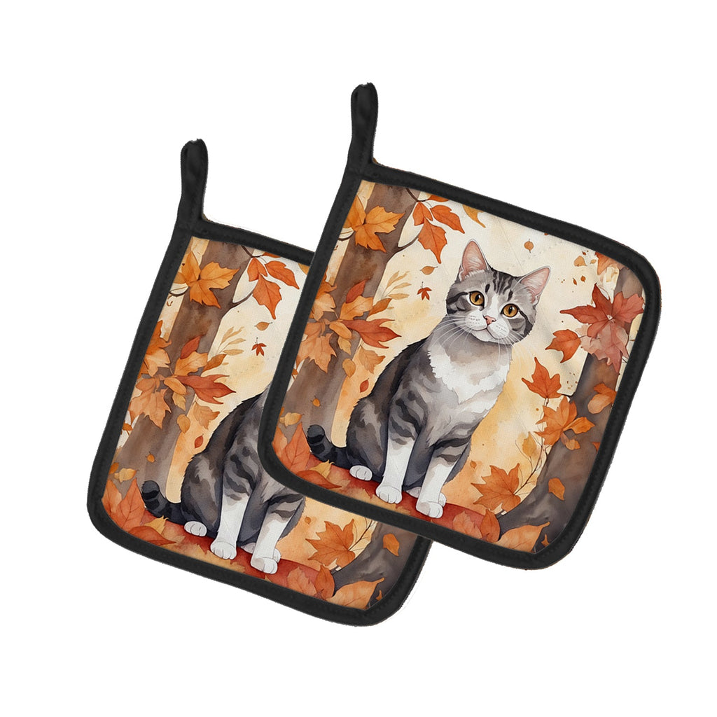 American Wirehair Cat in Fall Leaves Pot Holder Set of 2 Heat Resistant Quilted Hot Pads 7.5 x 7.5 Inch, Insulated Kitchen Trivets for Cooking & Baking