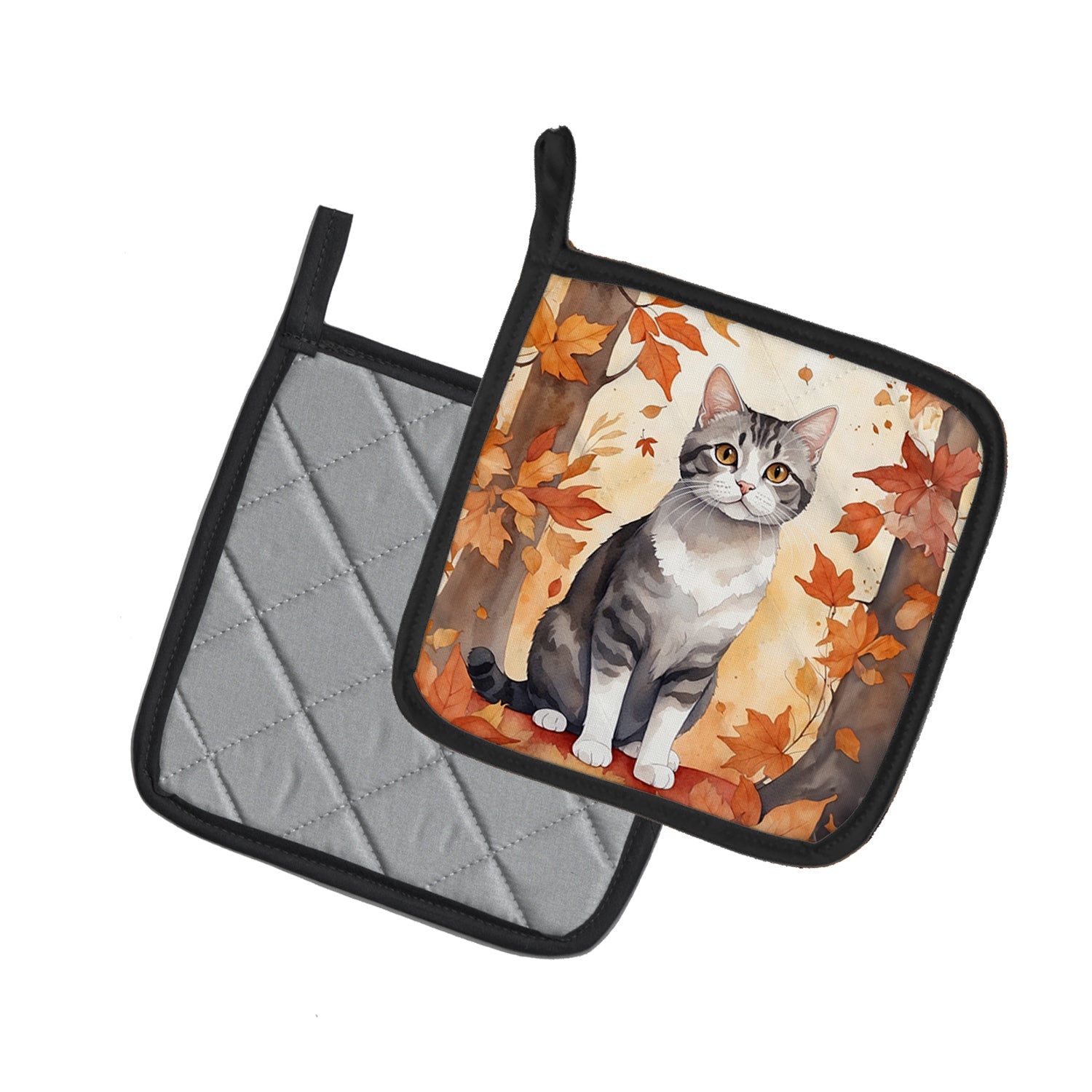 American Wirehair Cat in Fall Leaves Pot Holder Set of 2 Heat Resistant Quilted Hot Pads 7.5 x 7.5 Inch, Insulated Kitchen Trivets for Cooking & Baking
