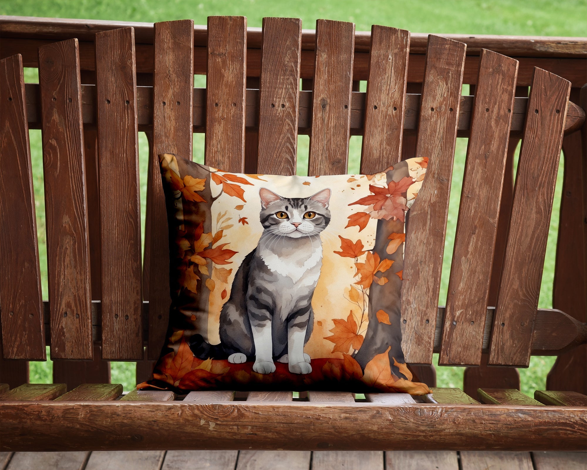 American Wirehair Cat in Fall Leaves Decorative Throw Pillow 14x14 Indoor Outdoor Accent Cushion, Fabric Cover with Insert for Sofa, Bed, Porch & Living Room