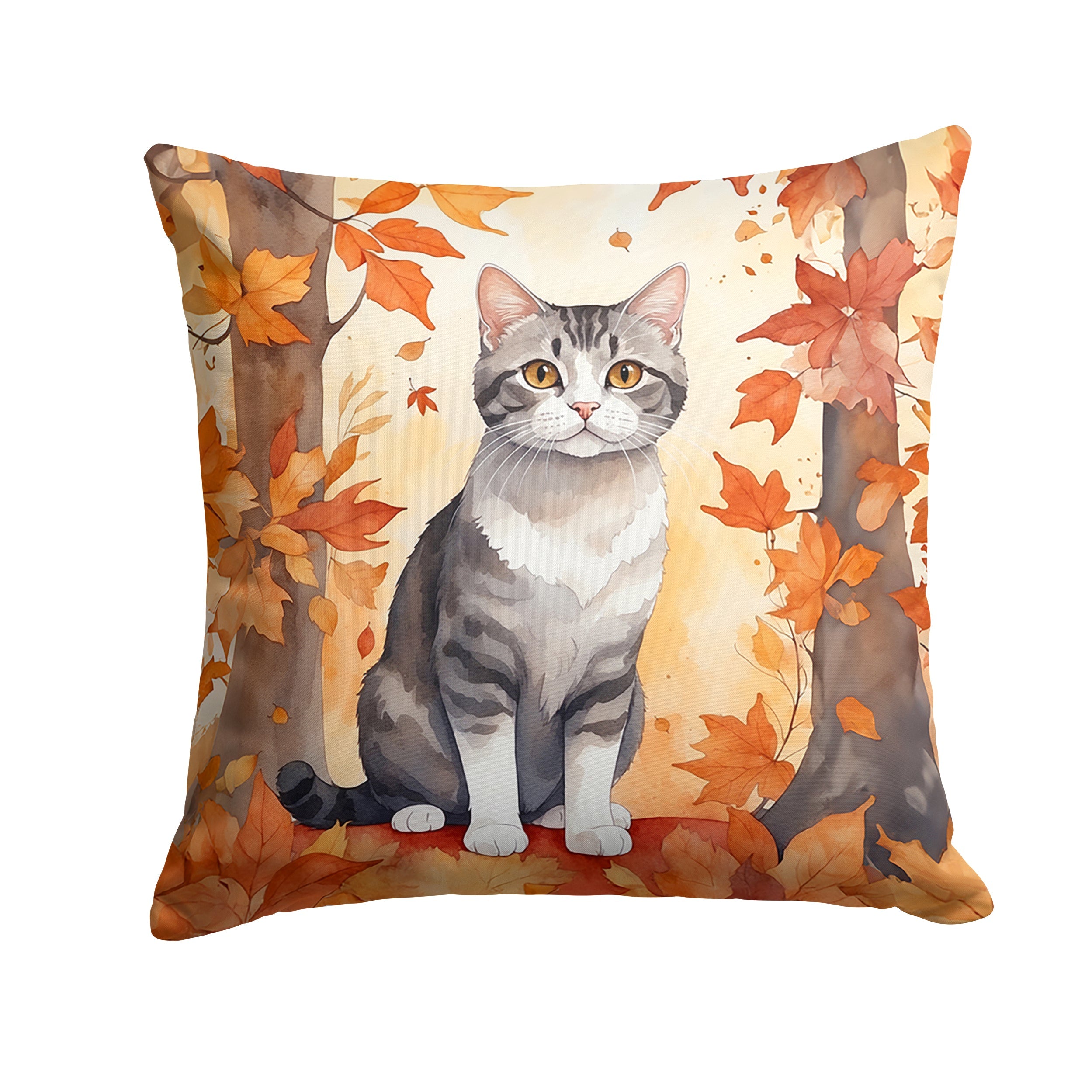 American Wirehair Cat in Fall Leaves Decorative Throw Pillow 18x18 Indoor Outdoor Accent Cushion, Fabric Cover with Insert for Sofa, Bed, Porch & Living Room