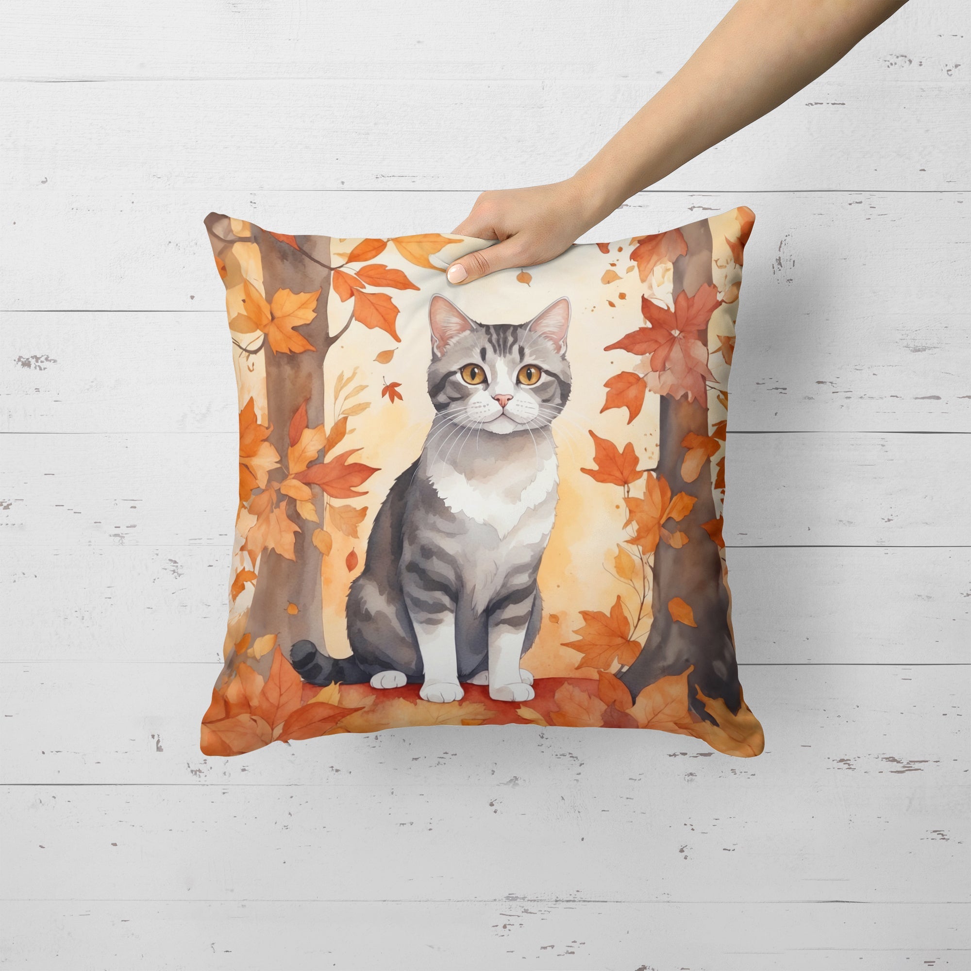American Wirehair Cat in Fall Leaves Decorative Throw Pillow 18x18 Indoor Outdoor Accent Cushion, Fabric Cover with Insert for Sofa, Bed, Porch & Living Room
