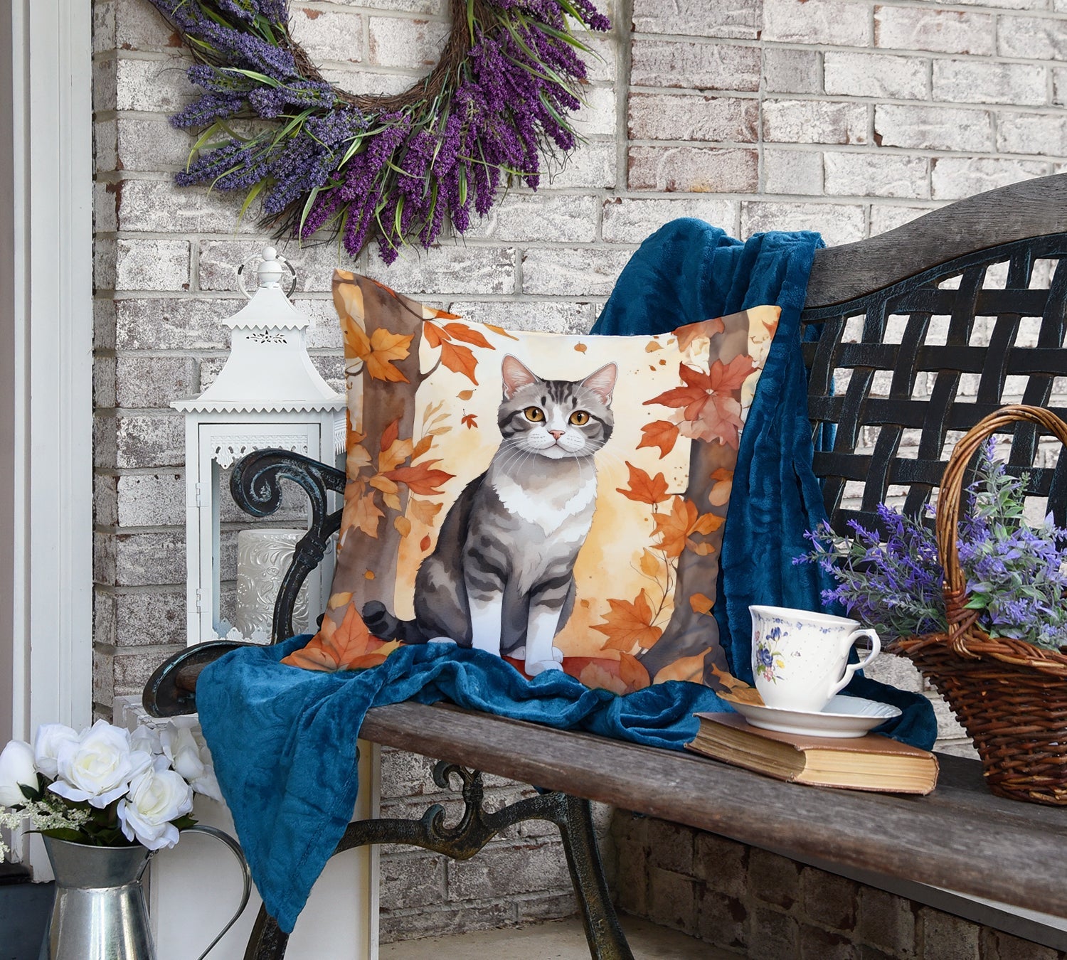 American Wirehair Cat in Fall Leaves Decorative Throw Pillow 18x18 Indoor Outdoor Accent Cushion, Fabric Cover with Insert for Sofa, Bed, Porch & Living Room