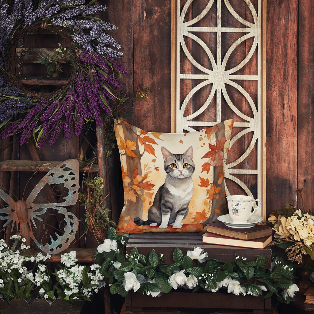 American Wirehair Cat in Fall Leaves Decorative Throw Pillow 18x18 Indoor Outdoor Accent Cushion, Fabric Cover with Insert for Sofa, Bed, Porch & Living Room