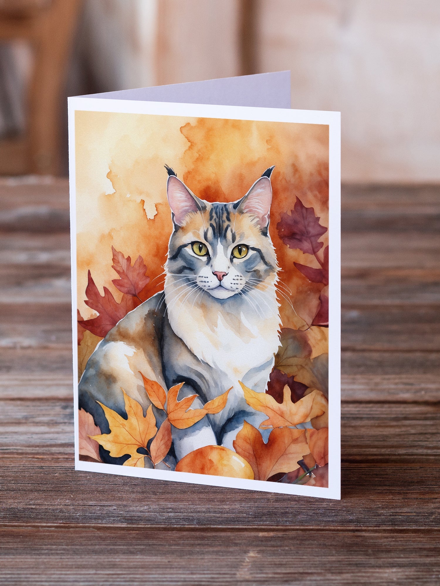 Aphrodite Giant Cat in Fall Leaves Greeting Cards Pack of 8 Blank Cards with Envelopes Whimsical A7 Size 5x7