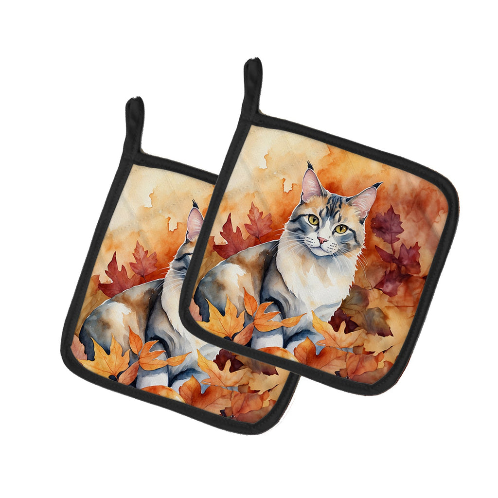 Aphrodite Giant Cat in Fall Leaves Pot Holder Set of 2 Heat Resistant Quilted Hot Pads 7.5 x 7.5 Inch, Insulated Kitchen Trivets for Cooking & Baking