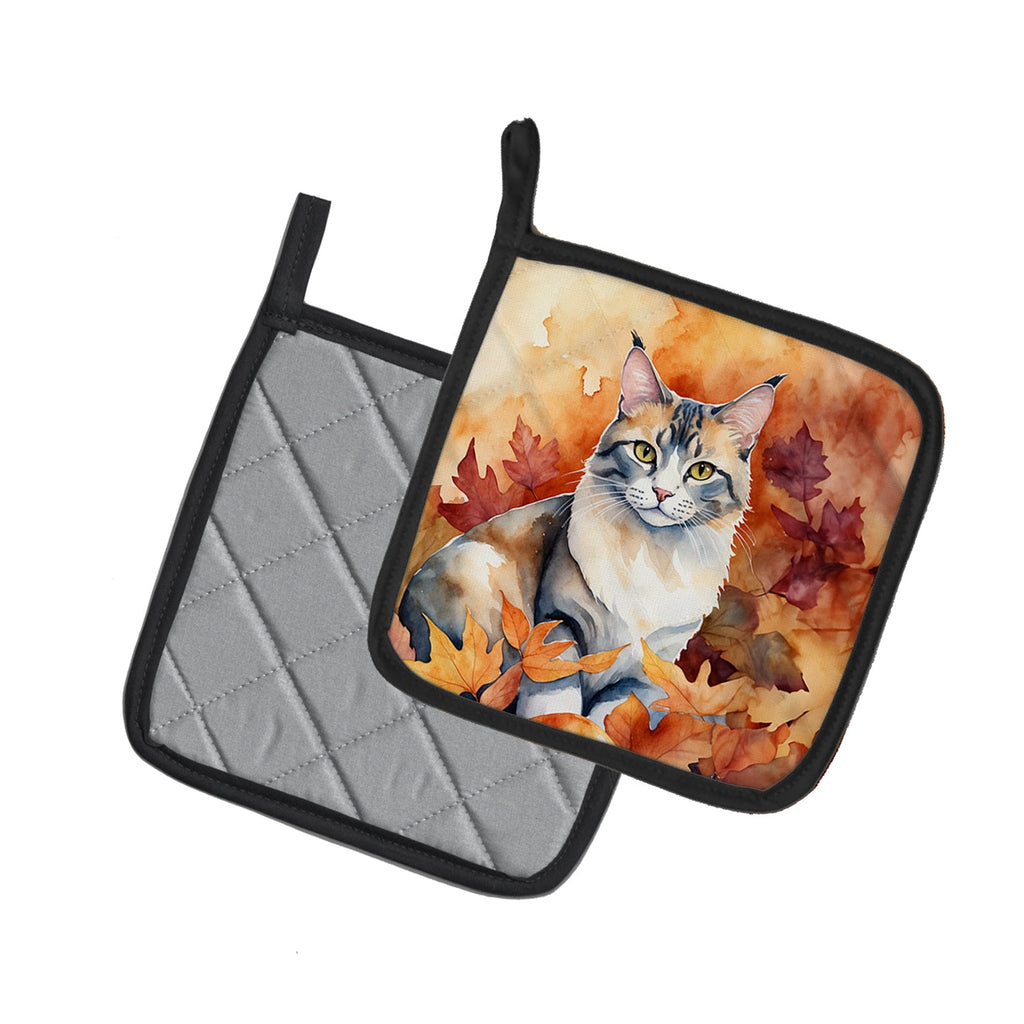 Aphrodite Giant Cat in Fall Leaves Pot Holder Set of 2 Heat Resistant Quilted Hot Pads 7.5 x 7.5 Inch, Insulated Kitchen Trivets for Cooking & Baking