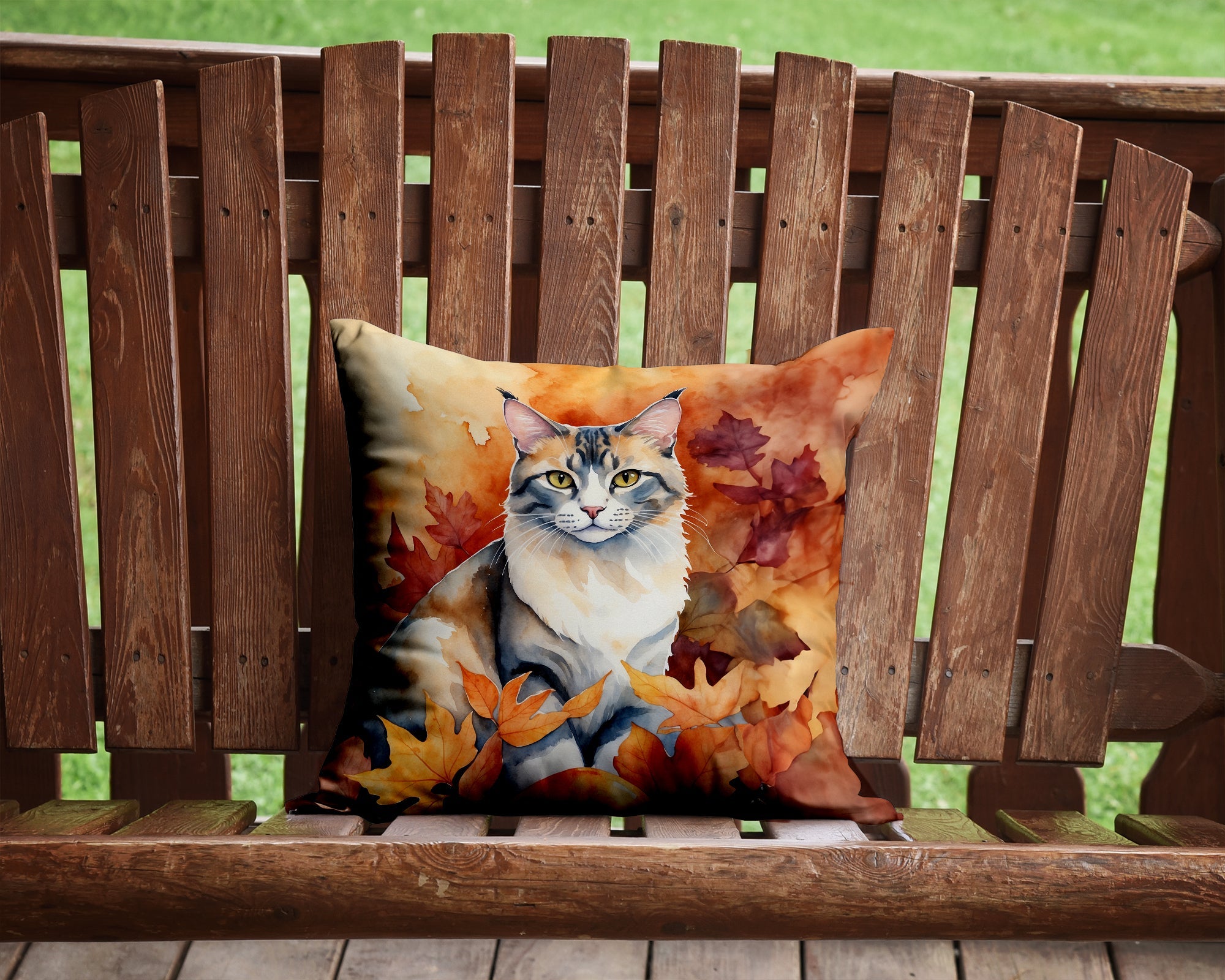 Aphrodite Giant Cat in Fall Leaves Decorative Throw Pillow 14x14 Indoor Outdoor Accent Cushion, Fabric Cover with Insert for Sofa, Bed, Porch & Living Room