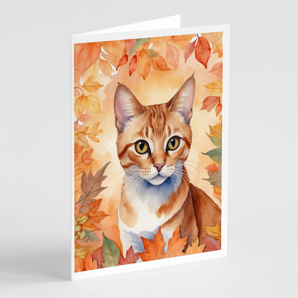 Arabian Mau Cat in Fall Leaves Greeting Cards Pack of 8 Blank Cards with Envelopes Whimsical A7 Size 5x7