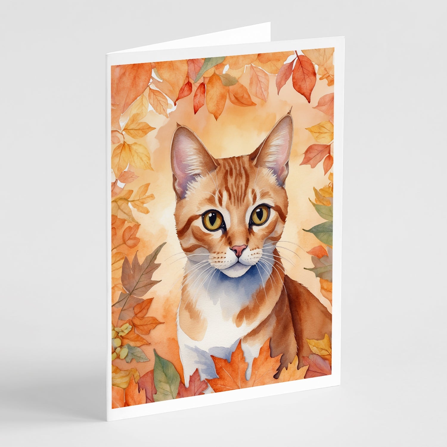 Arabian Mau Cat in Fall Leaves Greeting Cards Pack of 8 Blank Cards with Envelopes Whimsical A7 Size 5x7