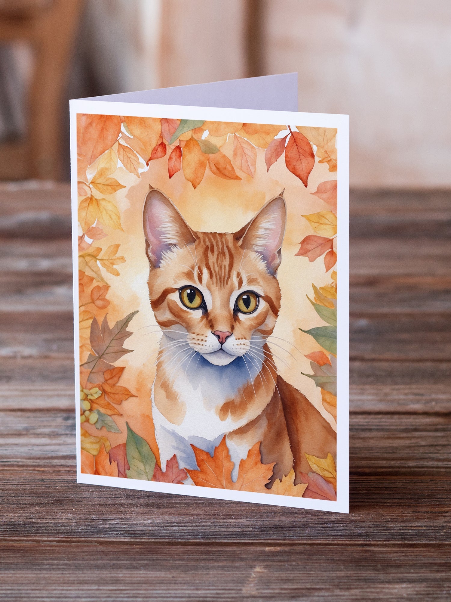 Arabian Mau Cat in Fall Leaves Greeting Cards Pack of 8 Blank Cards with Envelopes Whimsical A7 Size 5x7