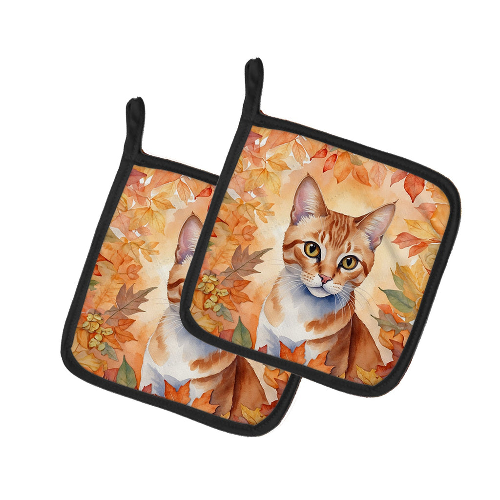 Arabian Mau Cat in Fall Leaves Pot Holder Set of 2 Heat Resistant Quilted Hot Pads 7.5 x 7.5 Inch, Insulated Kitchen Trivets for Cooking & Baking