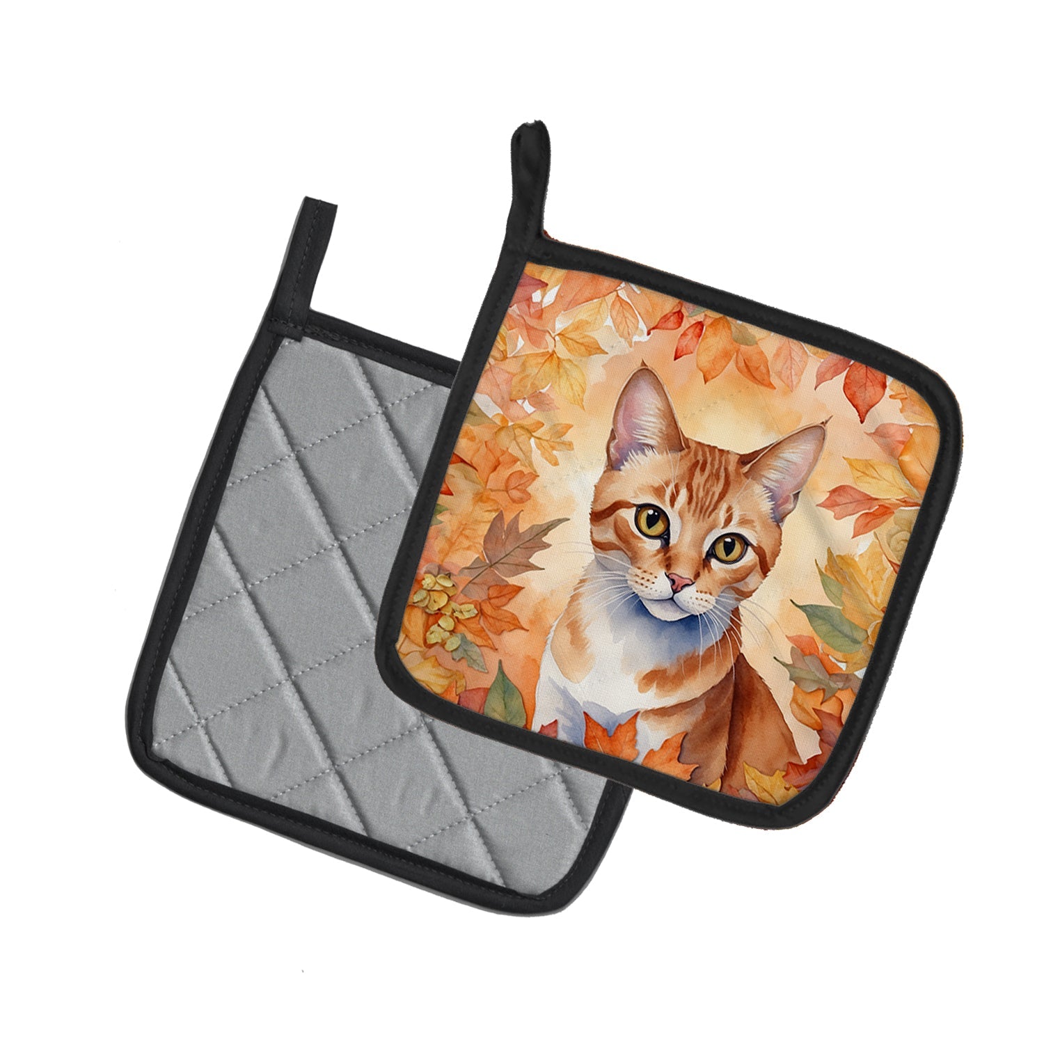 Arabian Mau Cat in Fall Leaves Pot Holder Set of 2 Heat Resistant Quilted Hot Pads 7.5 x 7.5 Inch, Insulated Kitchen Trivets for Cooking & Baking