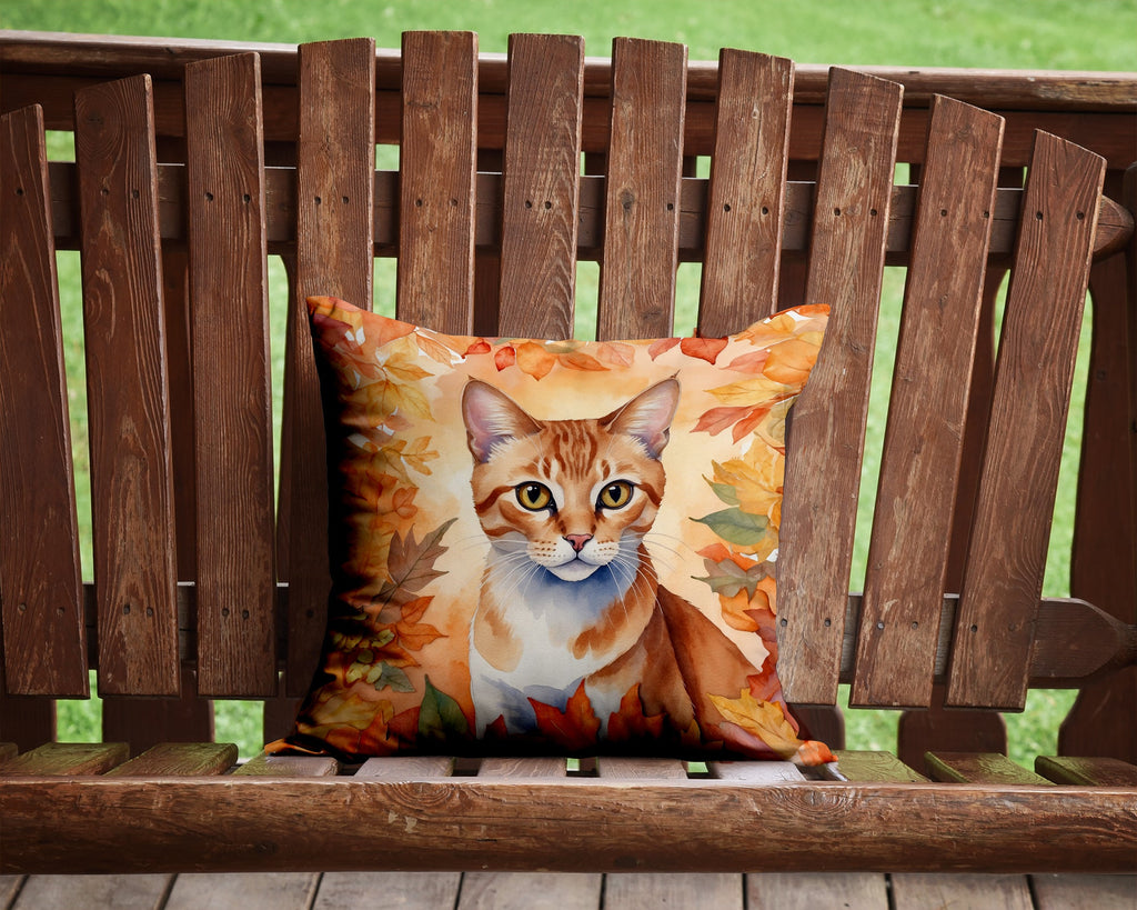 Arabian Mau Cat in Fall Leaves Decorative Throw Pillow 14x14 Indoor Outdoor Accent Cushion, Fabric Cover with Insert for Sofa, Bed, Porch & Living Room