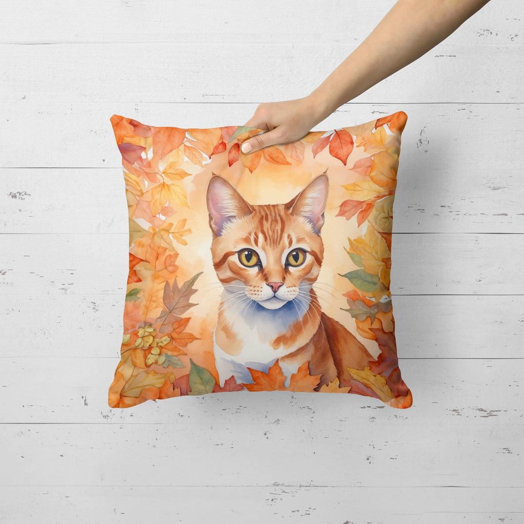 Arabian Mau Cat in Fall Leaves Decorative Throw Pillow 18x18 Indoor Outdoor Accent Cushion, Fabric Cover with Insert for Sofa, Bed, Porch & Living Room