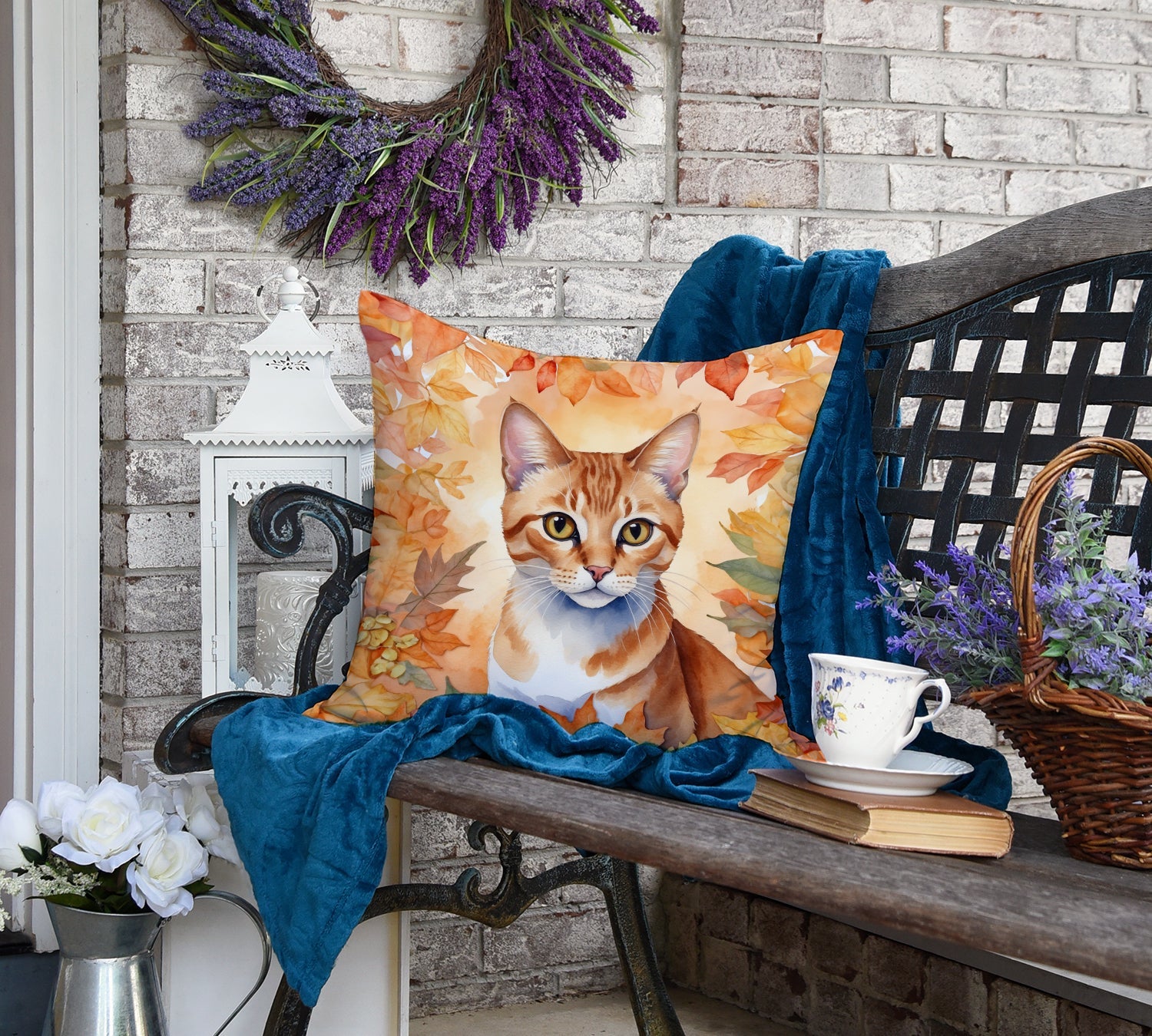 Arabian Mau Cat in Fall Leaves Decorative Throw Pillow 18x18 Indoor Outdoor Accent Cushion, Fabric Cover with Insert for Sofa, Bed, Porch & Living Room