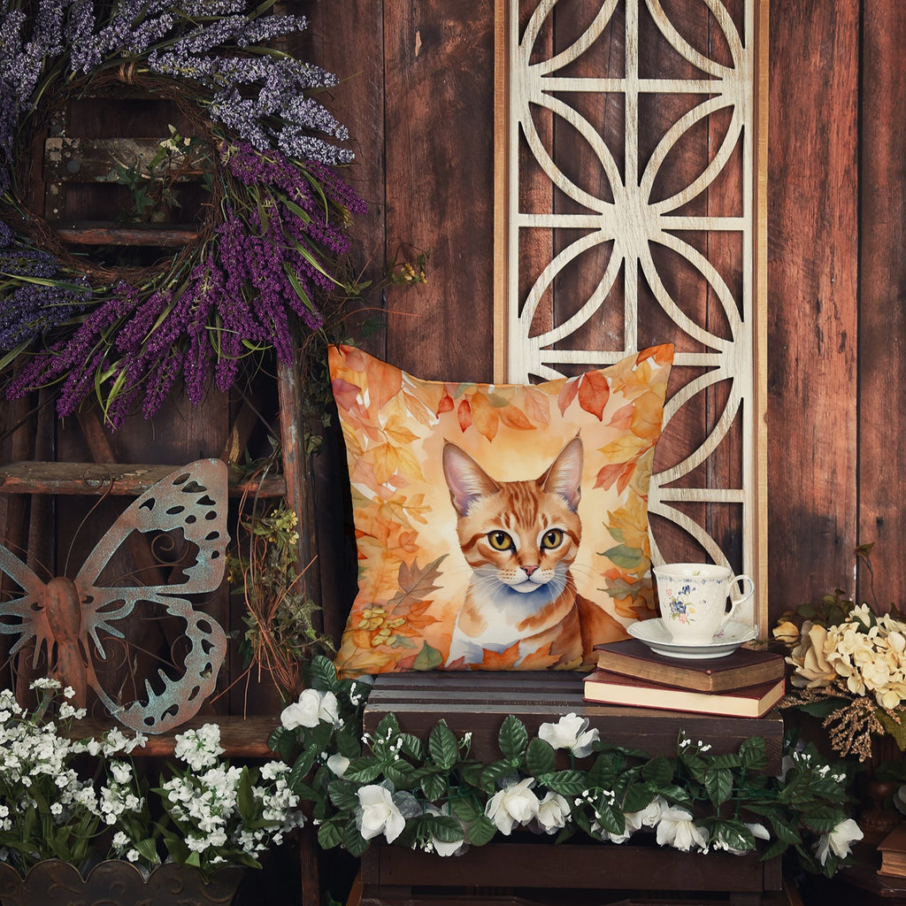 Arabian Mau Cat in Fall Leaves Decorative Throw Pillow 18x18 Indoor Outdoor Accent Cushion, Fabric Cover with Insert for Sofa, Bed, Porch & Living Room