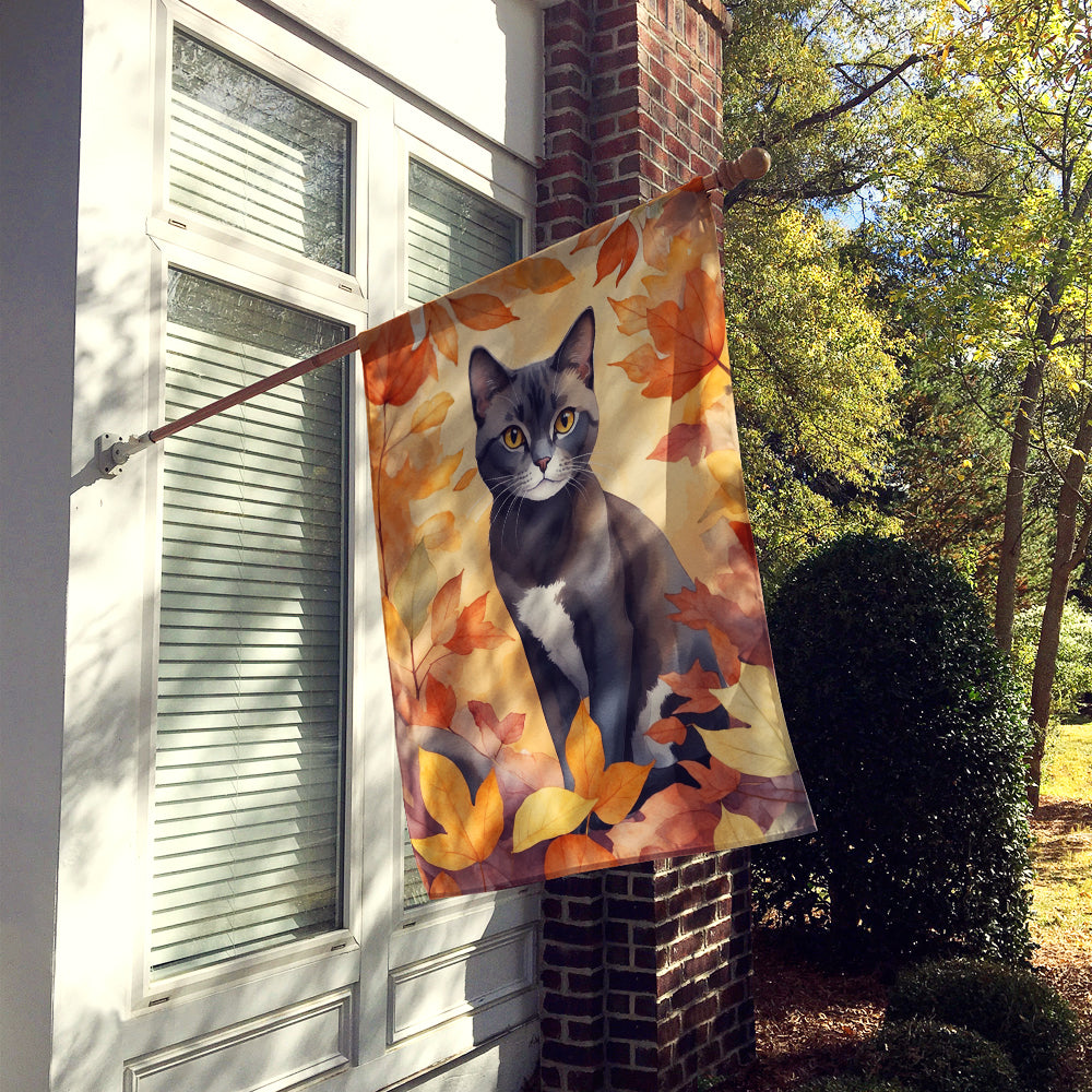 Asian Cat in Fall Leaves House Flag 28x40 Porch Sleeve Pole Decorative Outside Yard Banner Artwork Wall Hanging, Polyester