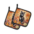 Asian Cat in Fall Leaves Pot Holder Set of 2 Heat Resistant Quilted Hot Pads 7.5 x 7.5 Inch, Insulated Kitchen Trivets for Cooking & Baking