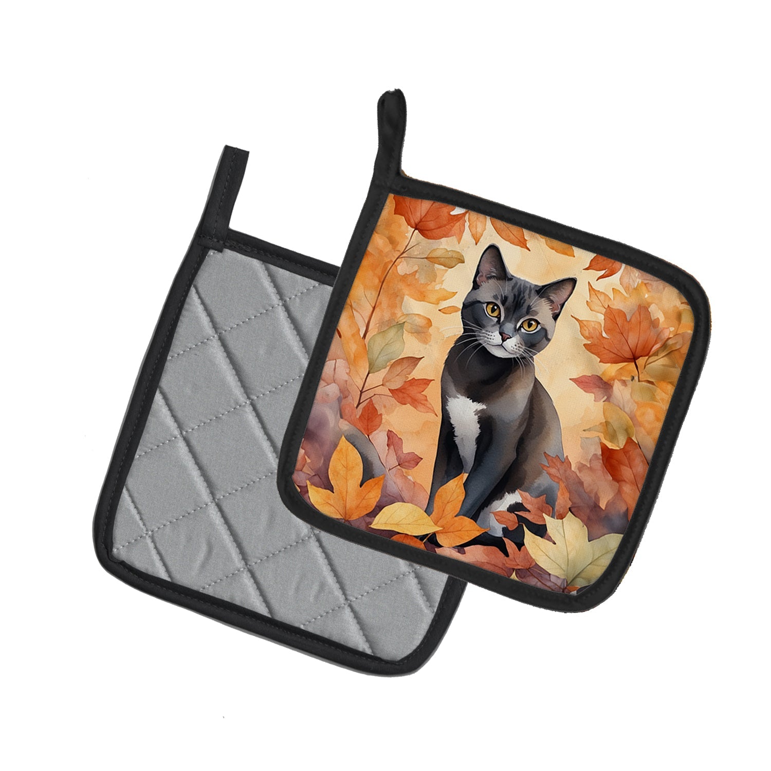 Asian Cat in Fall Leaves Pot Holder Set of 2 Heat Resistant Quilted Hot Pads 7.5 x 7.5 Inch, Insulated Kitchen Trivets for Cooking & Baking