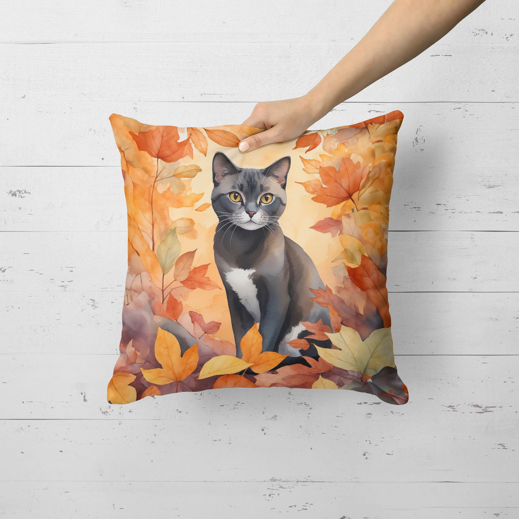 Asian Cat in Fall Leaves Decorative Throw Pillow 18x18 Indoor Outdoor Accent Cushion, Fabric Cover with Insert for Sofa, Bed, Porch & Living Room