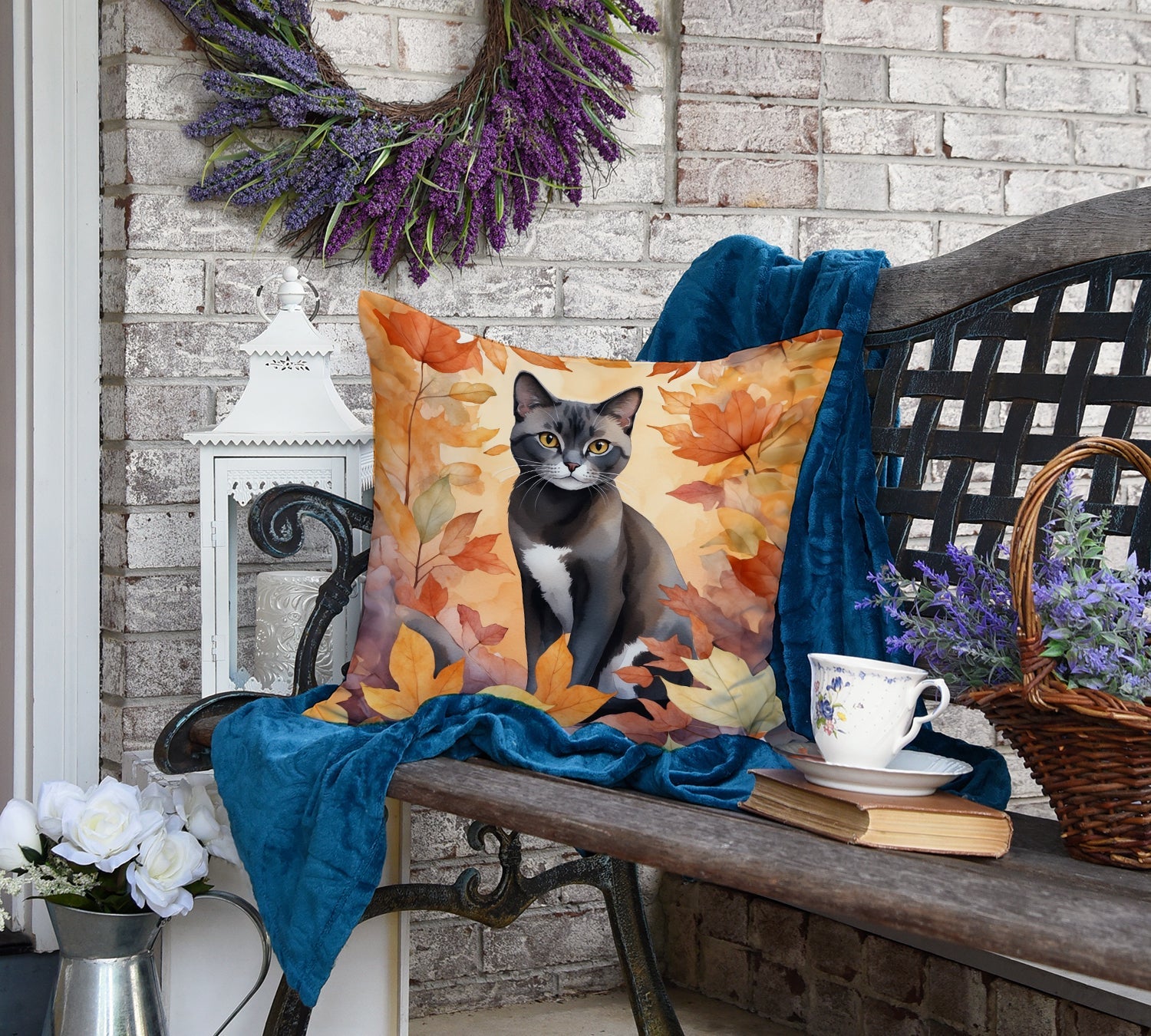 Asian Cat in Fall Leaves Decorative Throw Pillow 18x18 Indoor Outdoor Accent Cushion, Fabric Cover with Insert for Sofa, Bed, Porch & Living Room