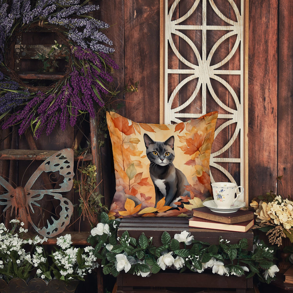 Asian Cat in Fall Leaves Decorative Throw Pillow 18x18 Indoor Outdoor Accent Cushion, Fabric Cover with Insert for Sofa, Bed, Porch & Living Room