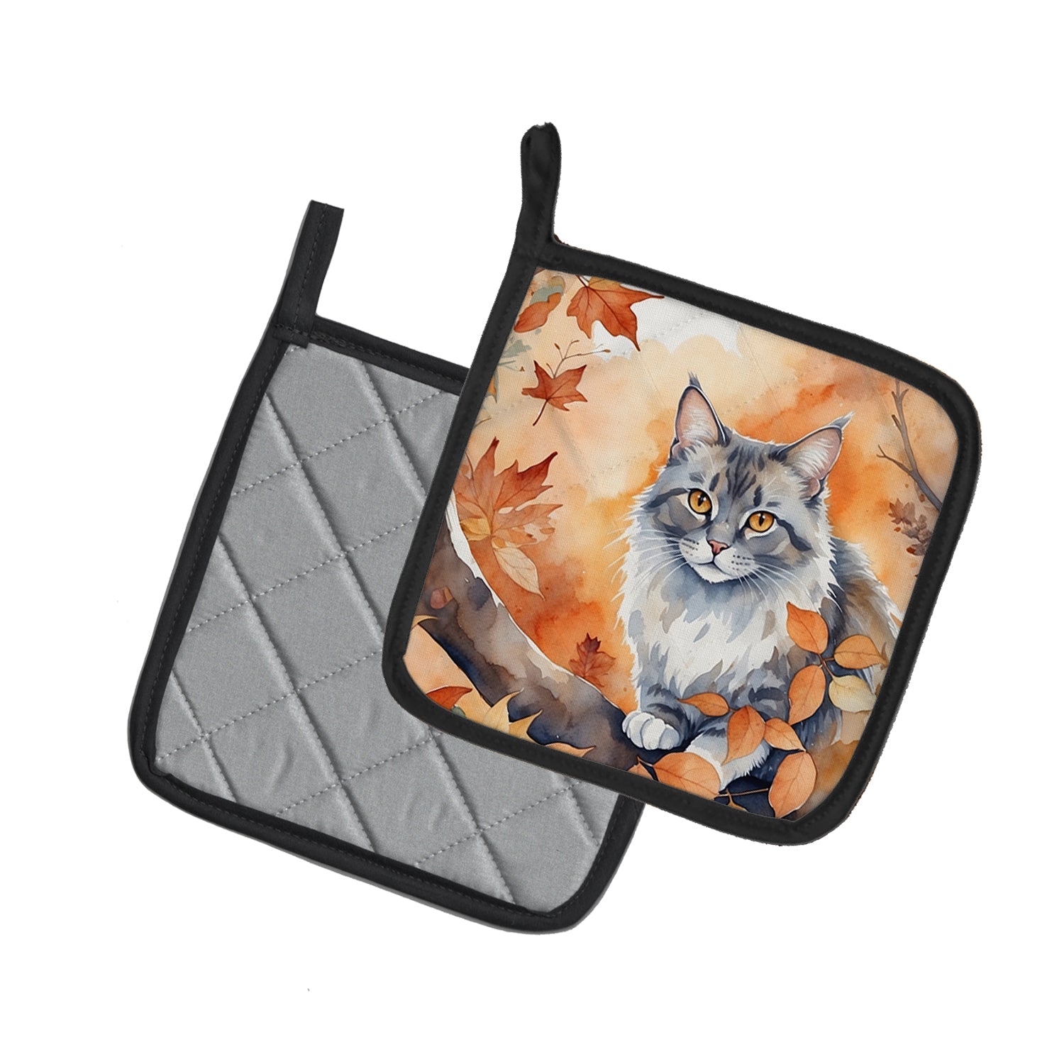 Australian Mist Cat in Fall Leaves Pot Holder Set of 2 Heat Resistant Quilted Hot Pads 7.5 x 7.5 Inch, Insulated Kitchen Trivets for Cooking & Baking
