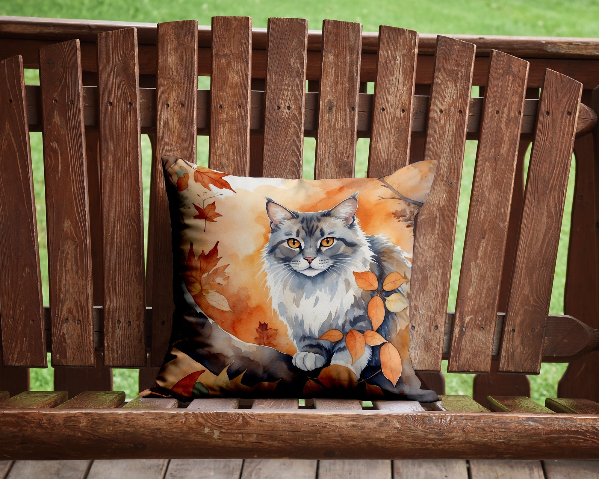 Australian Mist Cat in Fall Leaves Decorative Throw Pillow 14x14 Indoor Outdoor Accent Cushion, Fabric Cover with Insert for Sofa, Bed, Porch & Living Room