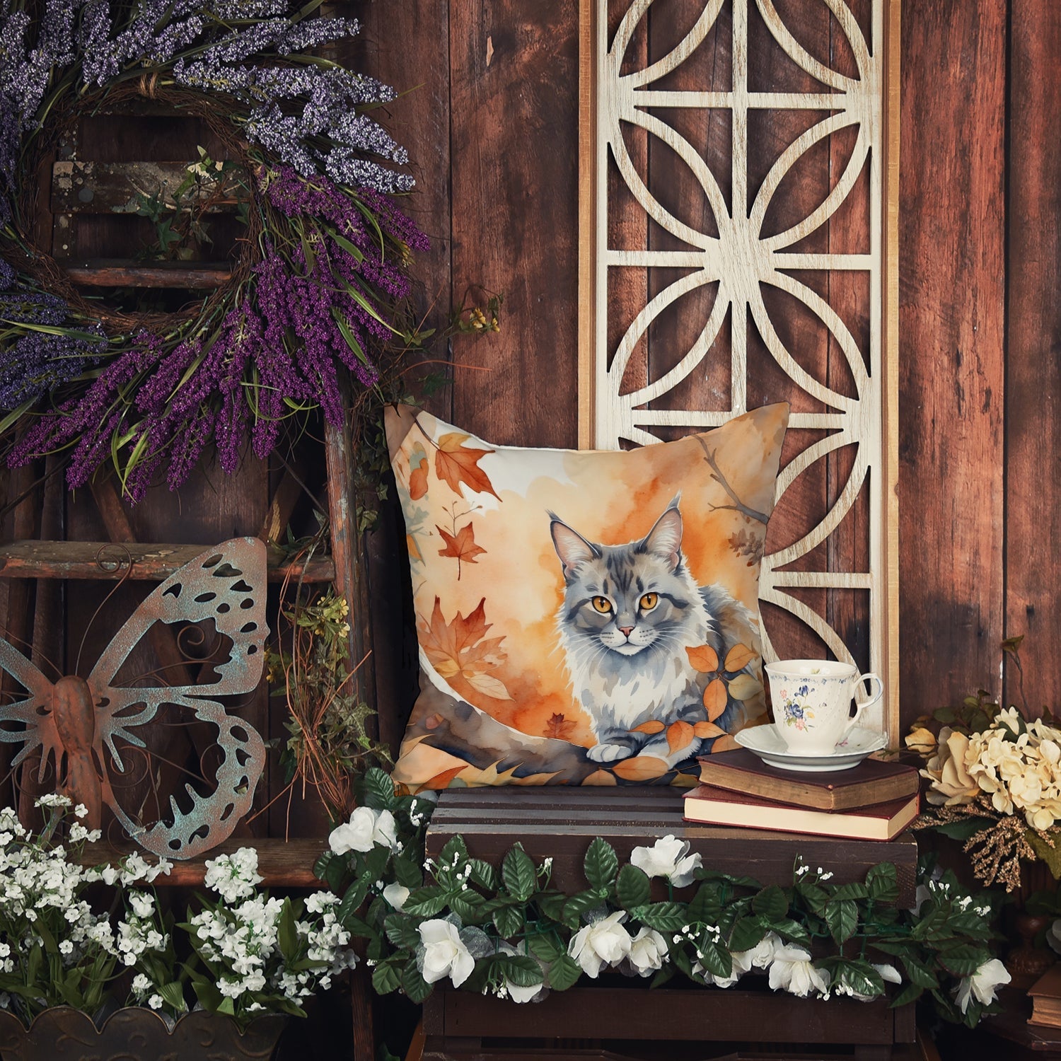Australian Mist Cat in Fall Leaves Decorative Throw Pillow 18x18 Indoor Outdoor Accent Cushion, Fabric Cover with Insert for Sofa, Bed, Porch & Living Room