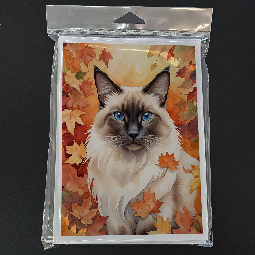 Balinese Cat in Fall Leaves Greeting Cards Pack of 8 Blank Cards with Envelopes Whimsical A7 Size 5x7