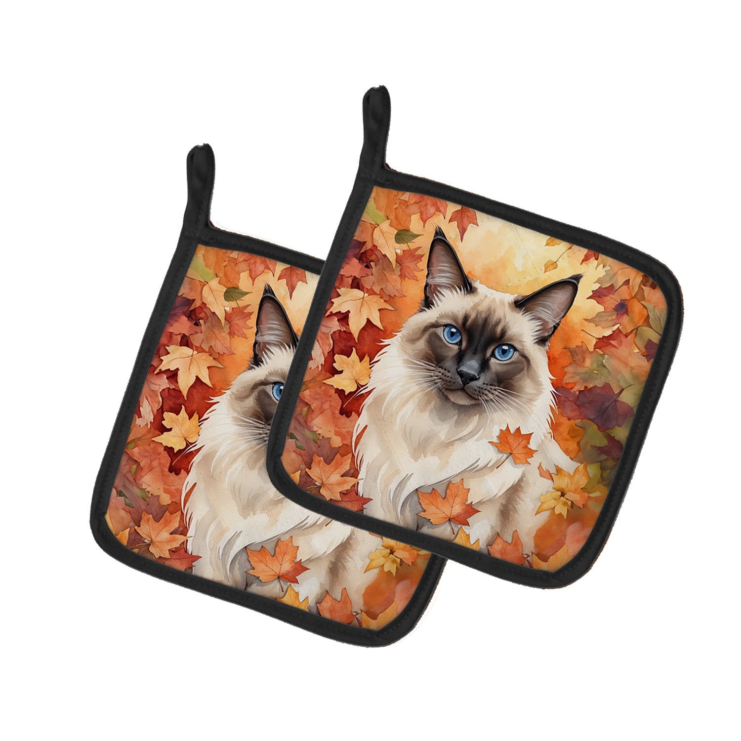 Balinese Cat in Fall Leaves Pot Holder Set of 2 Heat Resistant Quilted Hot Pads 7.5 x 7.5 Inch, Insulated Kitchen Trivets for Cooking & Baking