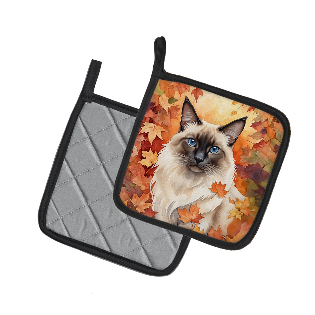 Balinese Cat in Fall Leaves Pot Holder Set of 2 Heat Resistant Quilted Hot Pads 7.5 x 7.5 Inch, Insulated Kitchen Trivets for Cooking & Baking
