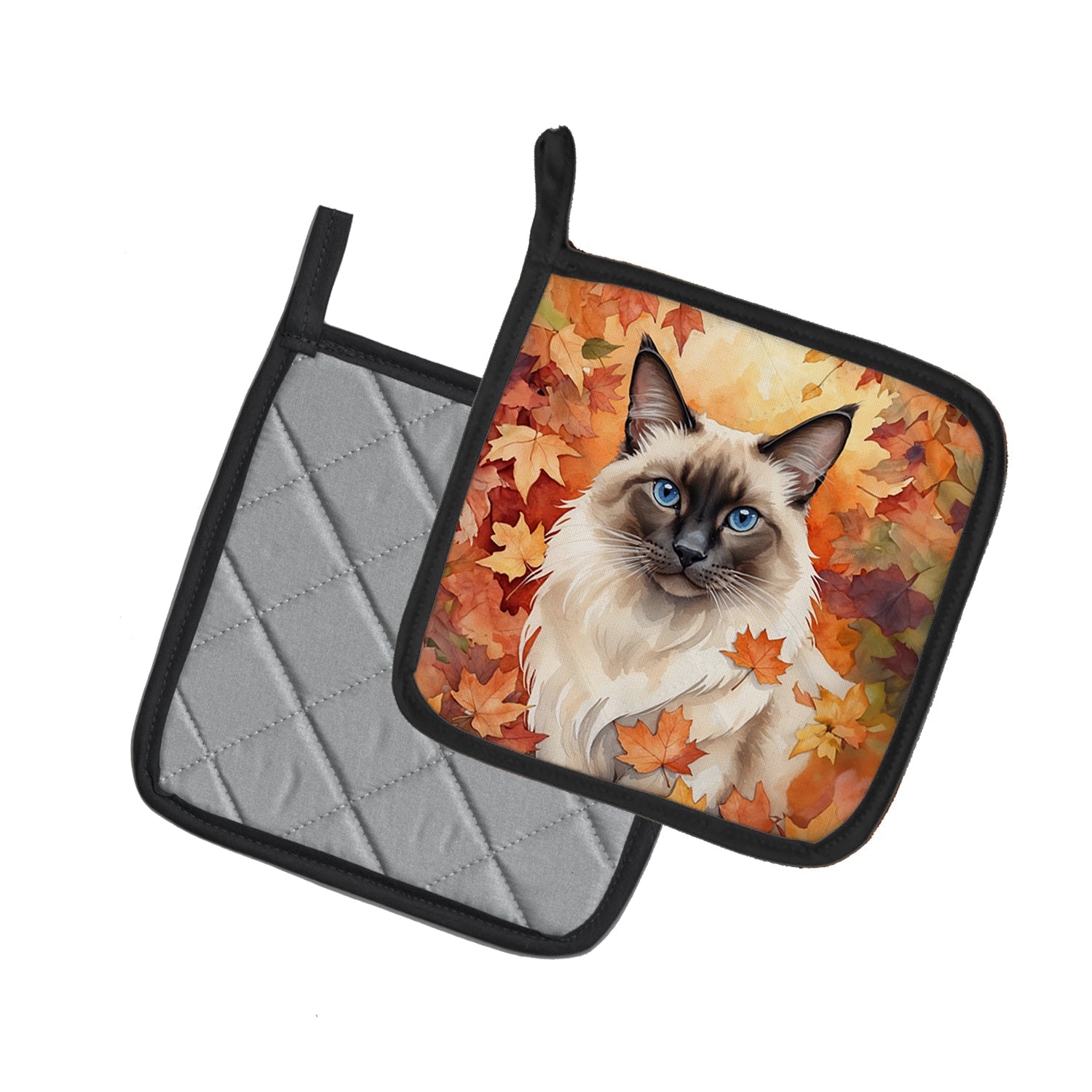 Balinese Cat in Fall Leaves Pot Holder Set of 2 Heat Resistant Quilted Hot Pads 7.5 x 7.5 Inch, Insulated Kitchen Trivets for Cooking & Baking