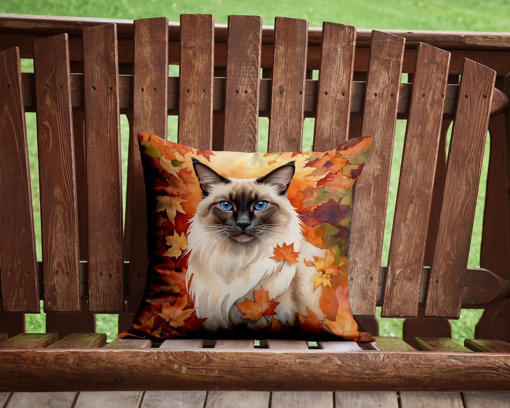 Balinese Cat in Fall Leaves Decorative Throw Pillow 14x14 Indoor Outdoor Accent Cushion, Fabric Cover with Insert for Sofa, Bed, Porch & Living Room