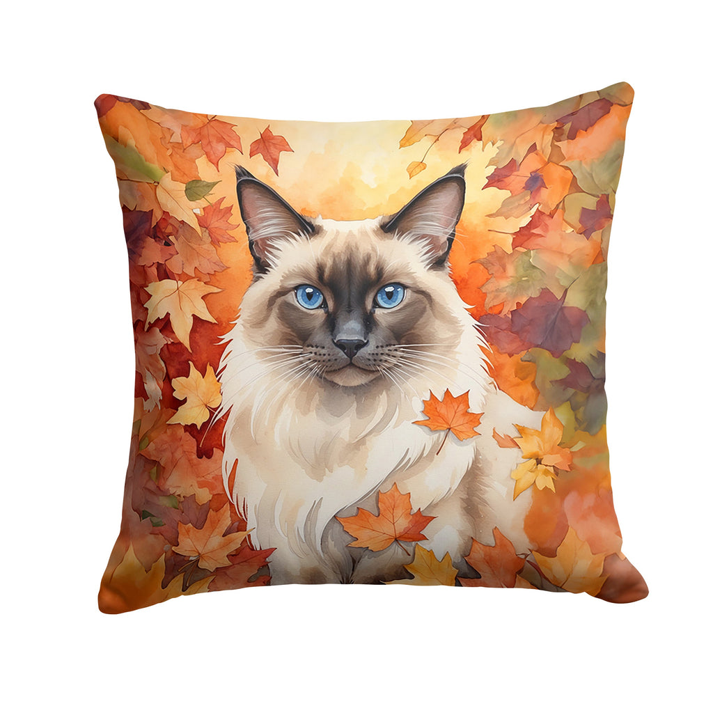 Balinese Cat in Fall Leaves Decorative Throw Pillow 18x18 Indoor Outdoor Accent Cushion, Fabric Cover with Insert for Sofa, Bed, Porch & Living Room