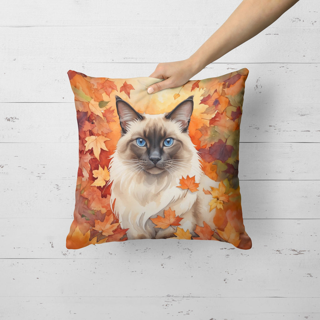 Balinese Cat in Fall Leaves Decorative Throw Pillow 18x18 Indoor Outdoor Accent Cushion, Fabric Cover with Insert for Sofa, Bed, Porch & Living Room