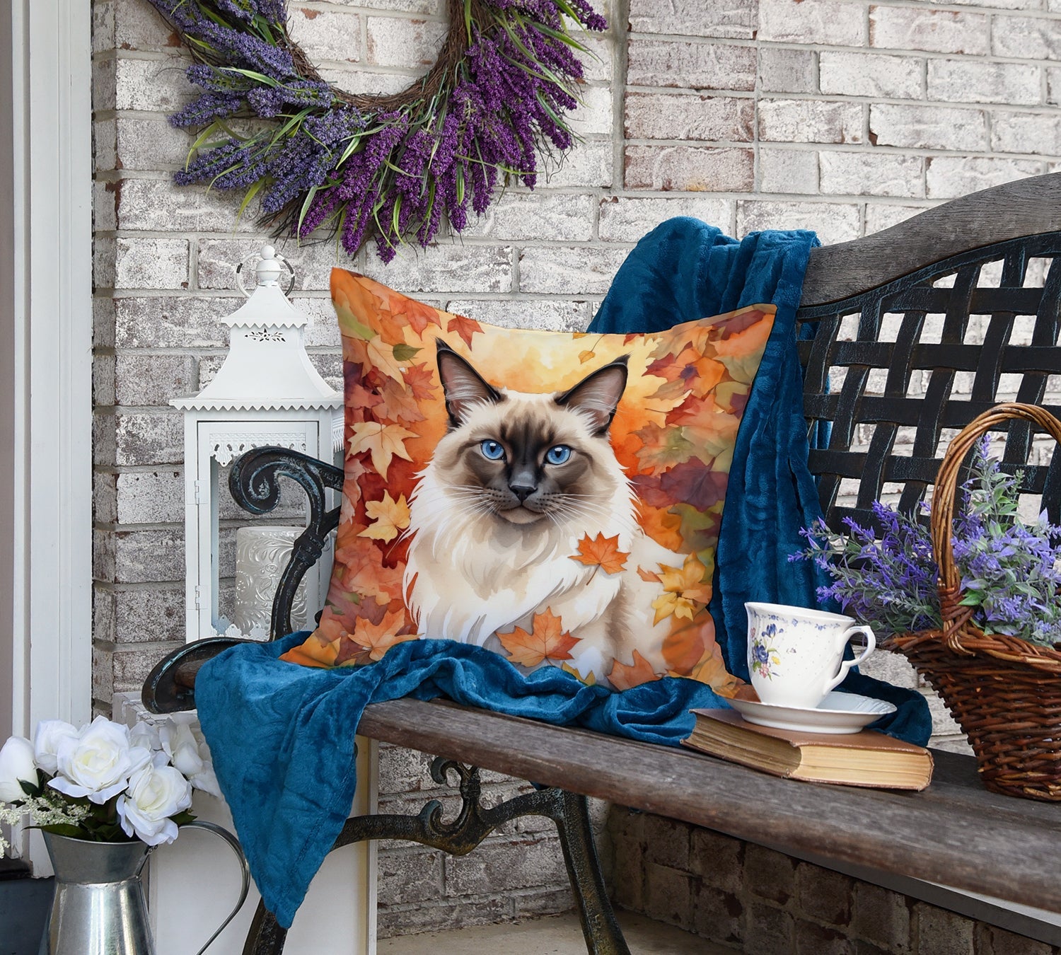 Balinese Cat in Fall Leaves Decorative Throw Pillow 18x18 Indoor Outdoor Accent Cushion, Fabric Cover with Insert for Sofa, Bed, Porch & Living Room