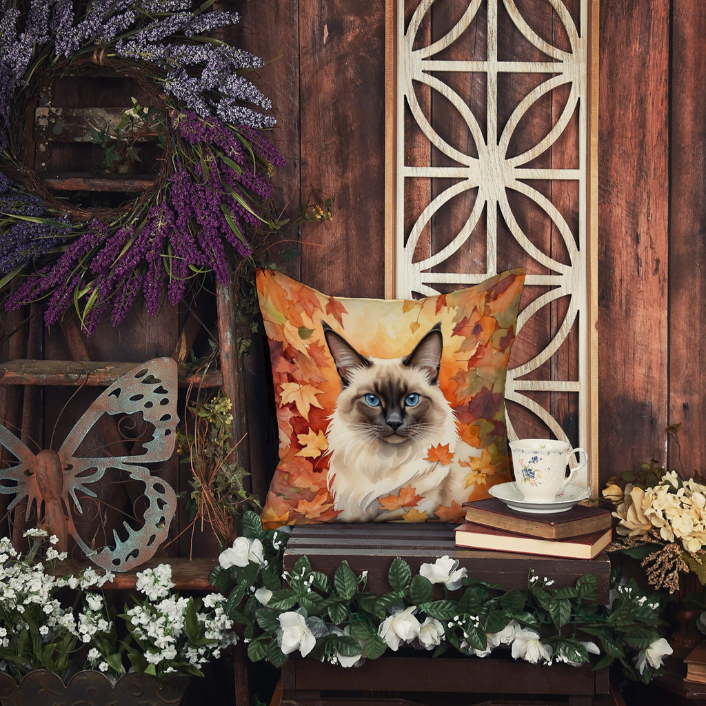 Balinese Cat in Fall Leaves Decorative Throw Pillow 18x18 Indoor Outdoor Accent Cushion, Fabric Cover with Insert for Sofa, Bed, Porch & Living Room