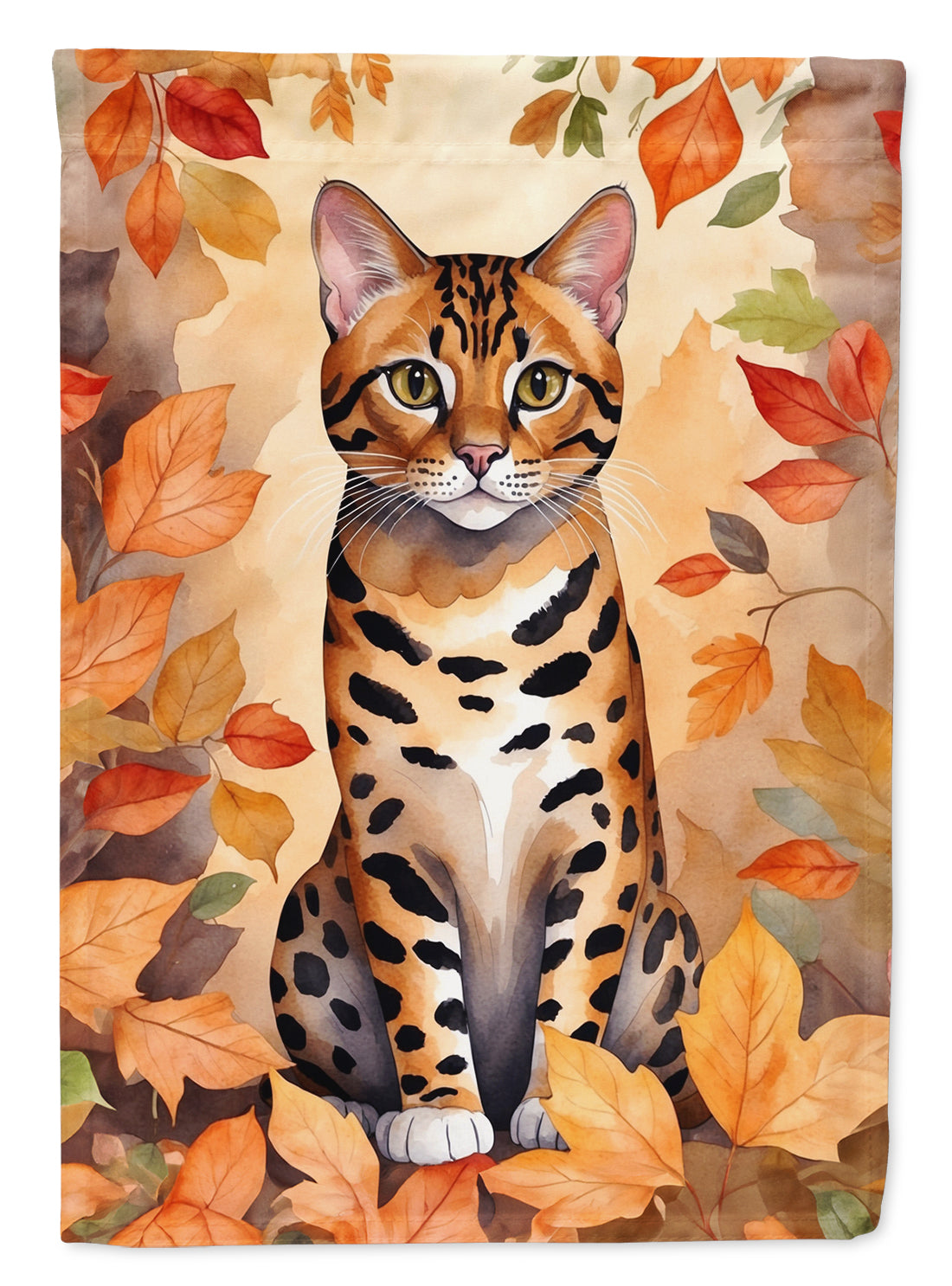 Bengal Cat in Fall Leaves House Flag 28x40 Porch Sleeve Pole Decorative Outside Yard Banner Artwork Wall Hanging, Polyester