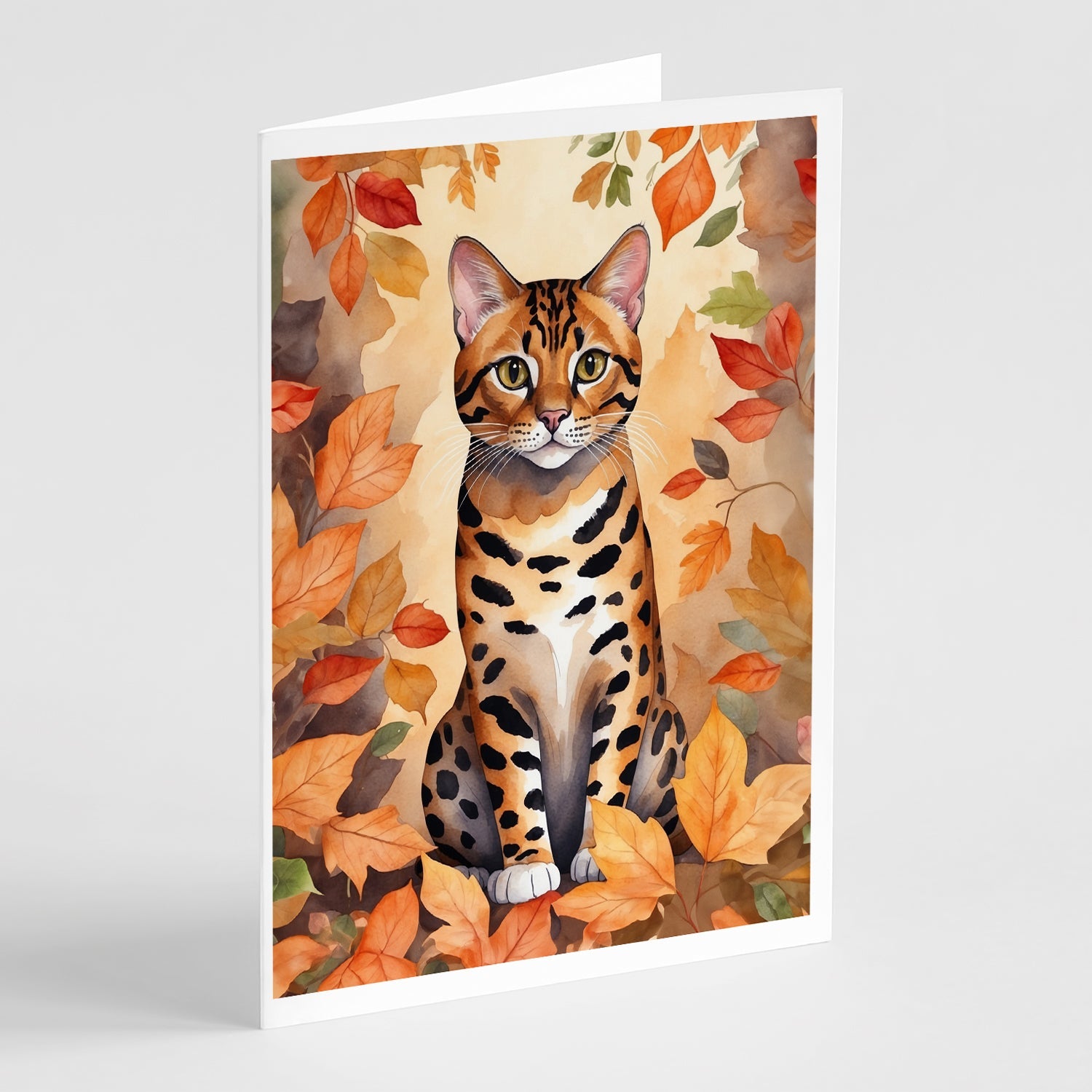 Bengal Cat in Fall Leaves Greeting Cards Pack of 8 Blank Cards with Envelopes Whimsical A7 Size 5x7