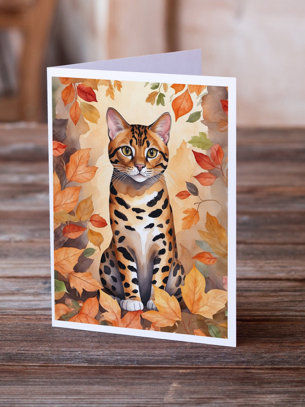 Bengal Cat in Fall Leaves Greeting Cards Pack of 8 Blank Cards with Envelopes Whimsical A7 Size 5x7