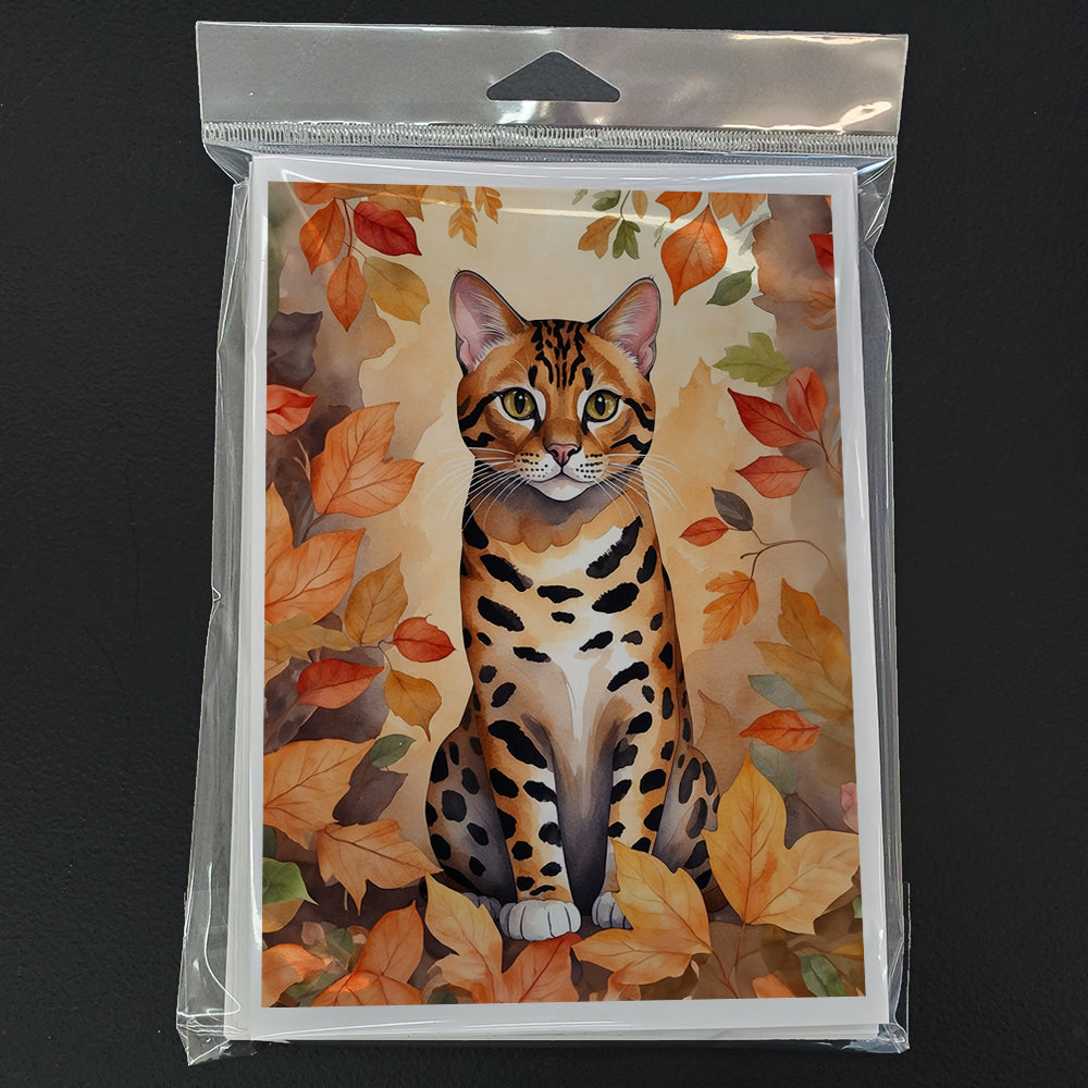 Bengal Cat in Fall Leaves Greeting Cards Pack of 8 Blank Cards with Envelopes Whimsical A7 Size 5x7