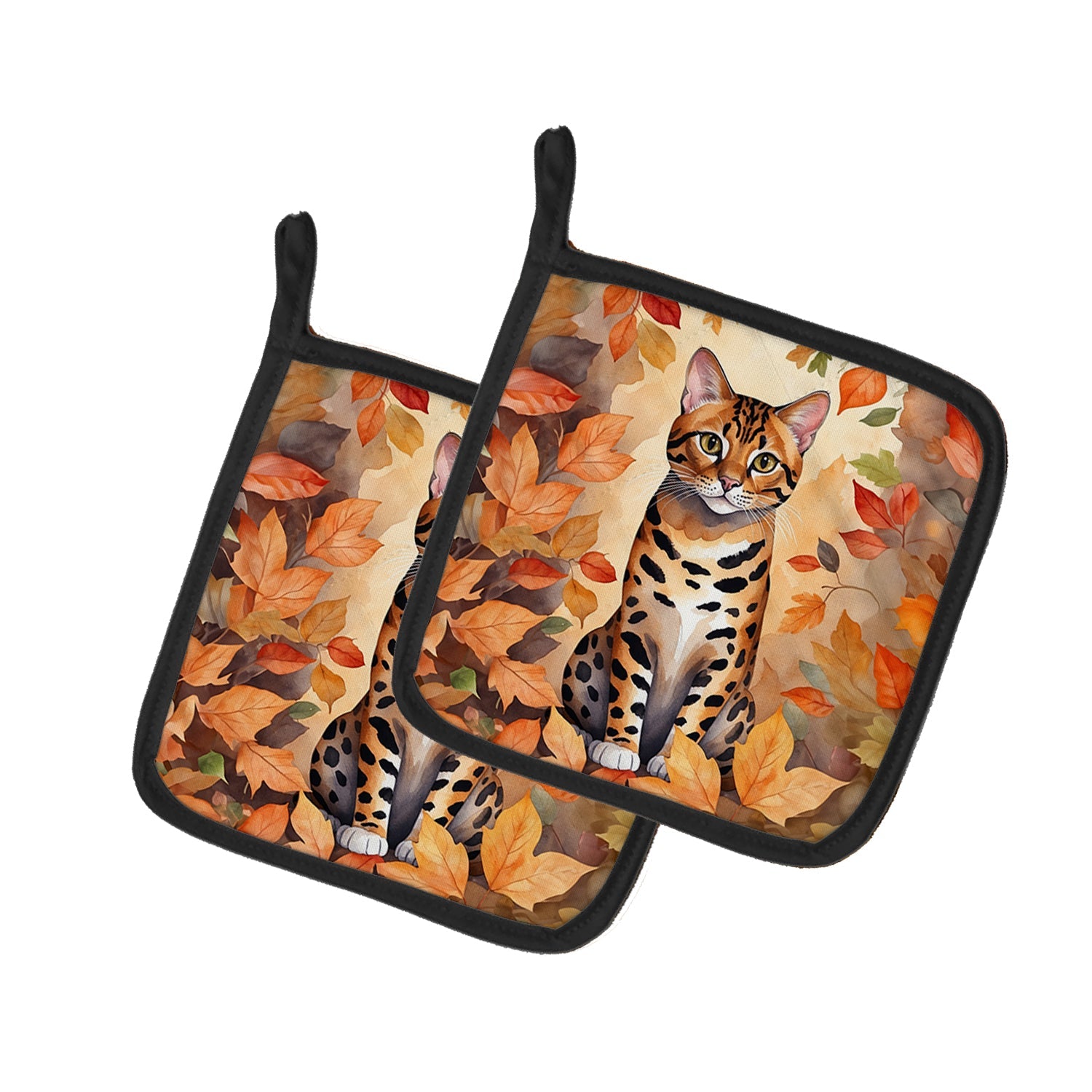 Bengal Cat in Fall Leaves Pot Holder Set of 2 Heat Resistant Quilted Hot Pads 7.5 x 7.5 Inch, Insulated Kitchen Trivets for Cooking & Baking