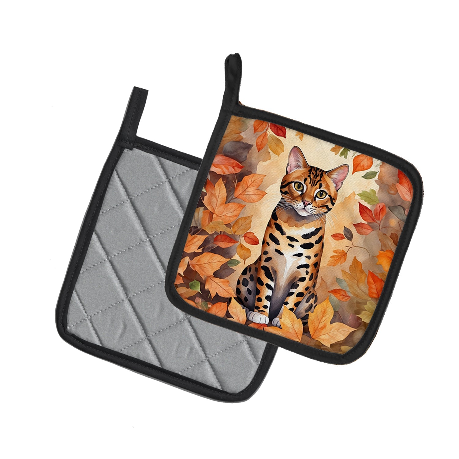 Bengal Cat in Fall Leaves Pot Holder Set of 2 Heat Resistant Quilted Hot Pads 7.5 x 7.5 Inch, Insulated Kitchen Trivets for Cooking & Baking