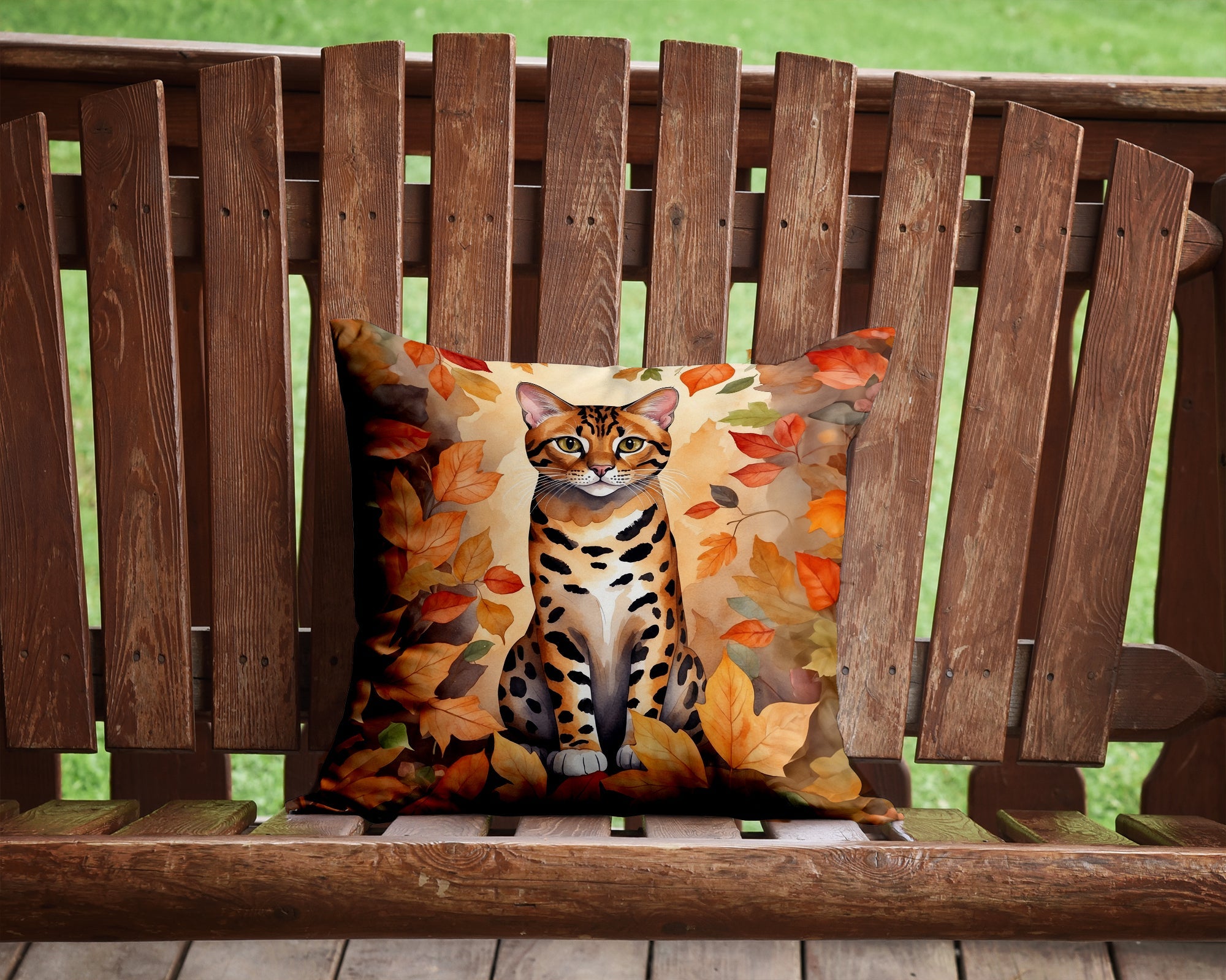 Bengal Cat in Fall Leaves Decorative Throw Pillow 14x14 Indoor Outdoor Accent Cushion, Fabric Cover with Insert for Sofa, Bed, Porch & Living Room