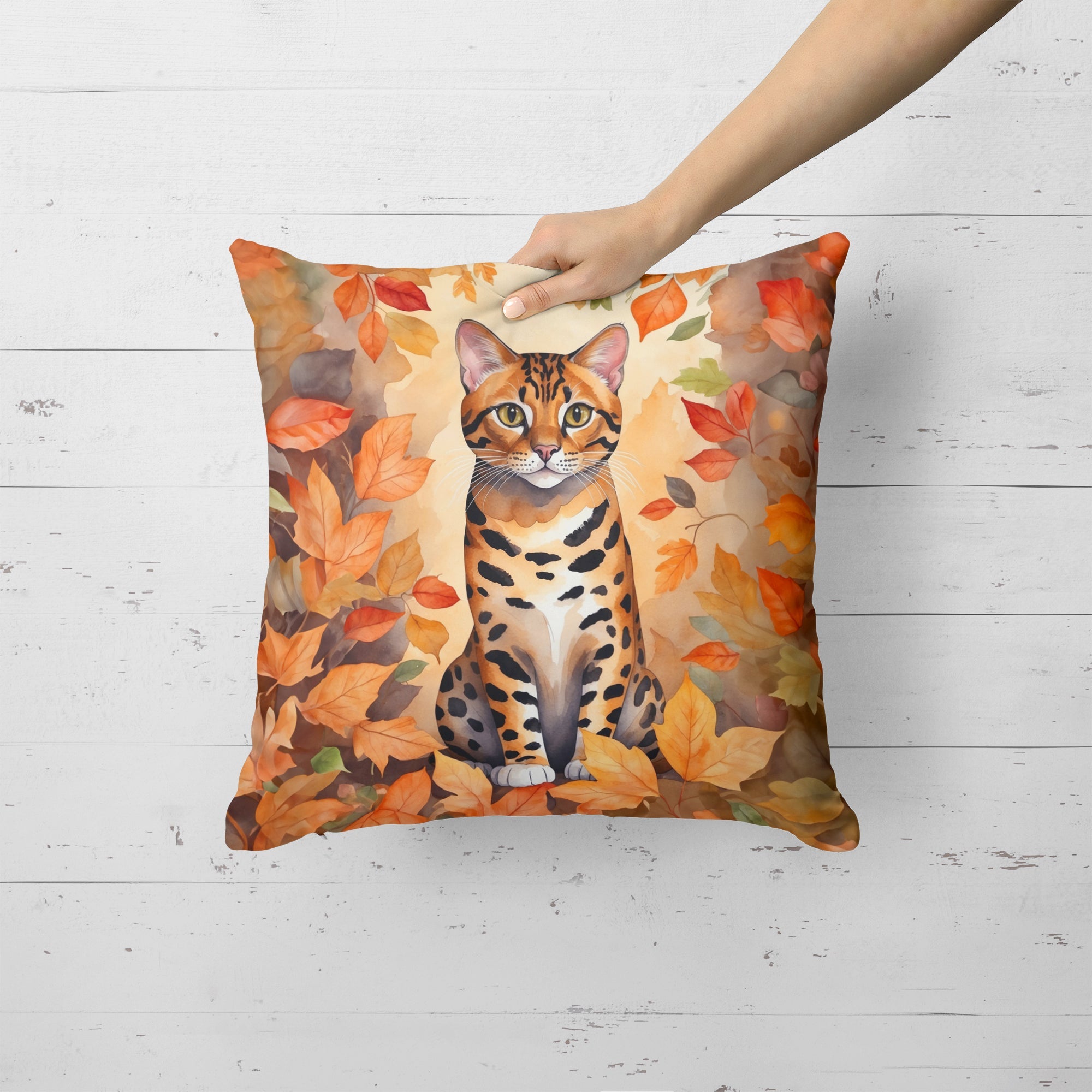 Bengal Cat in Fall Leaves Decorative Throw Pillow 18x18 Indoor Outdoor Accent Cushion, Fabric Cover with Insert for Sofa, Bed, Porch & Living Room
