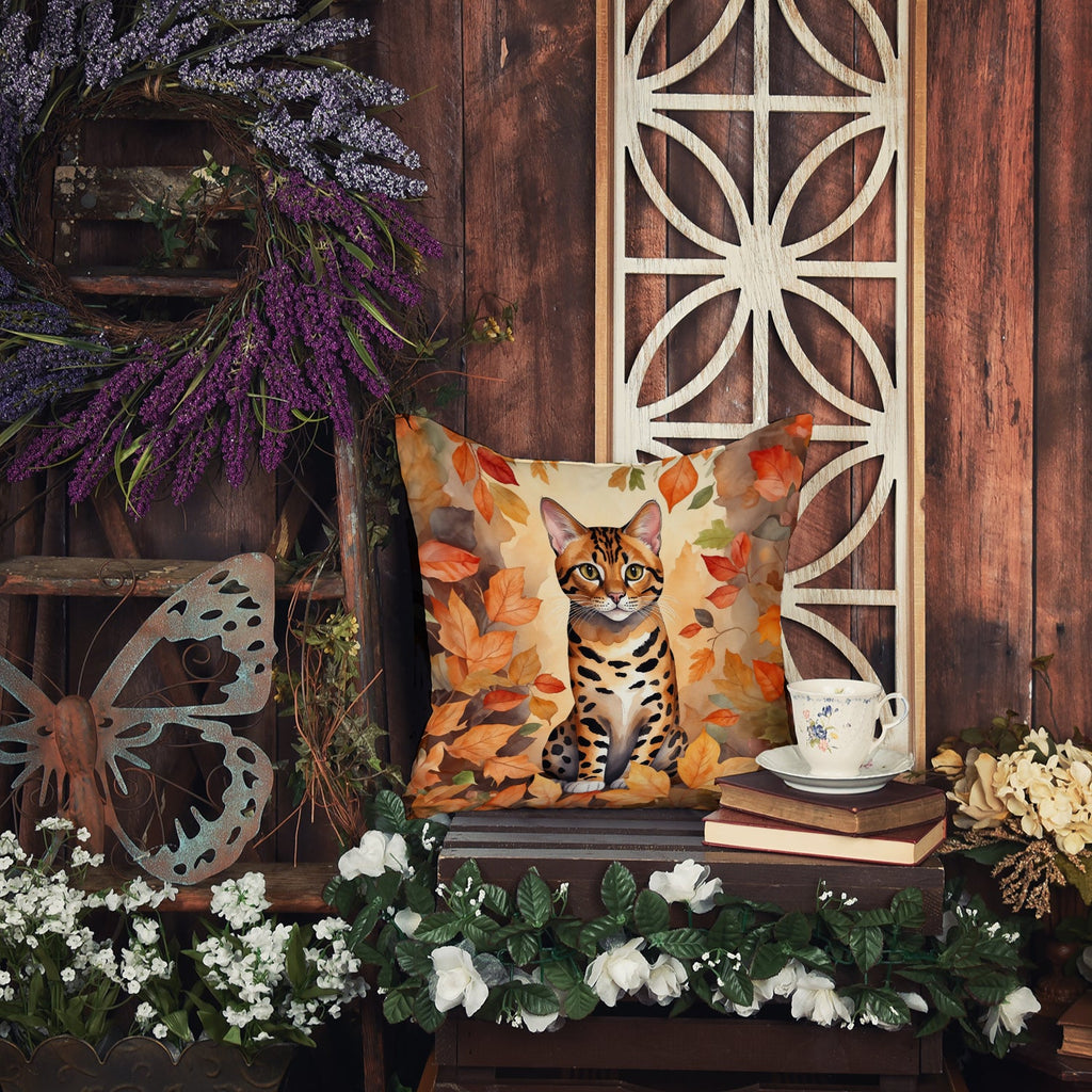 Bengal Cat in Fall Leaves Decorative Throw Pillow 18x18 Indoor Outdoor Accent Cushion, Fabric Cover with Insert for Sofa, Bed, Porch & Living Room