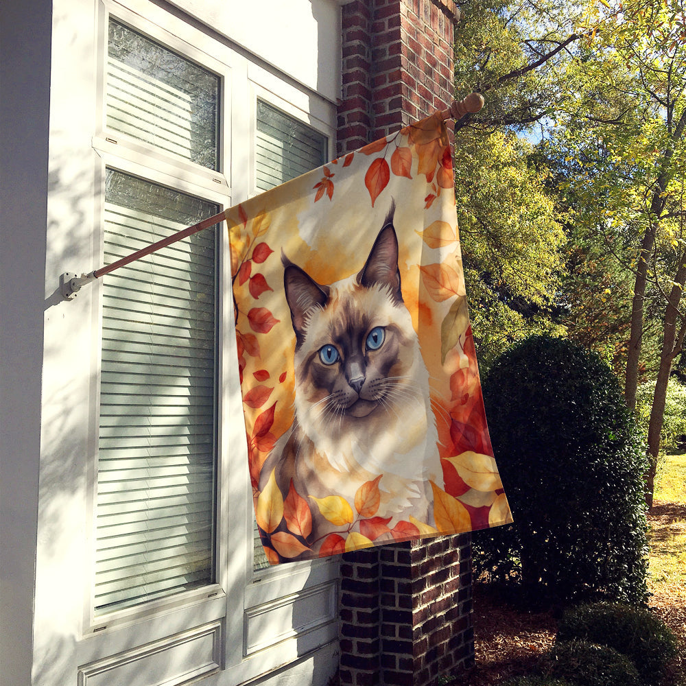 Birman Cat in Fall Leaves House Flag 28x40 Porch Sleeve Pole Decorative Outside Yard Banner Artwork Wall Hanging, Polyester