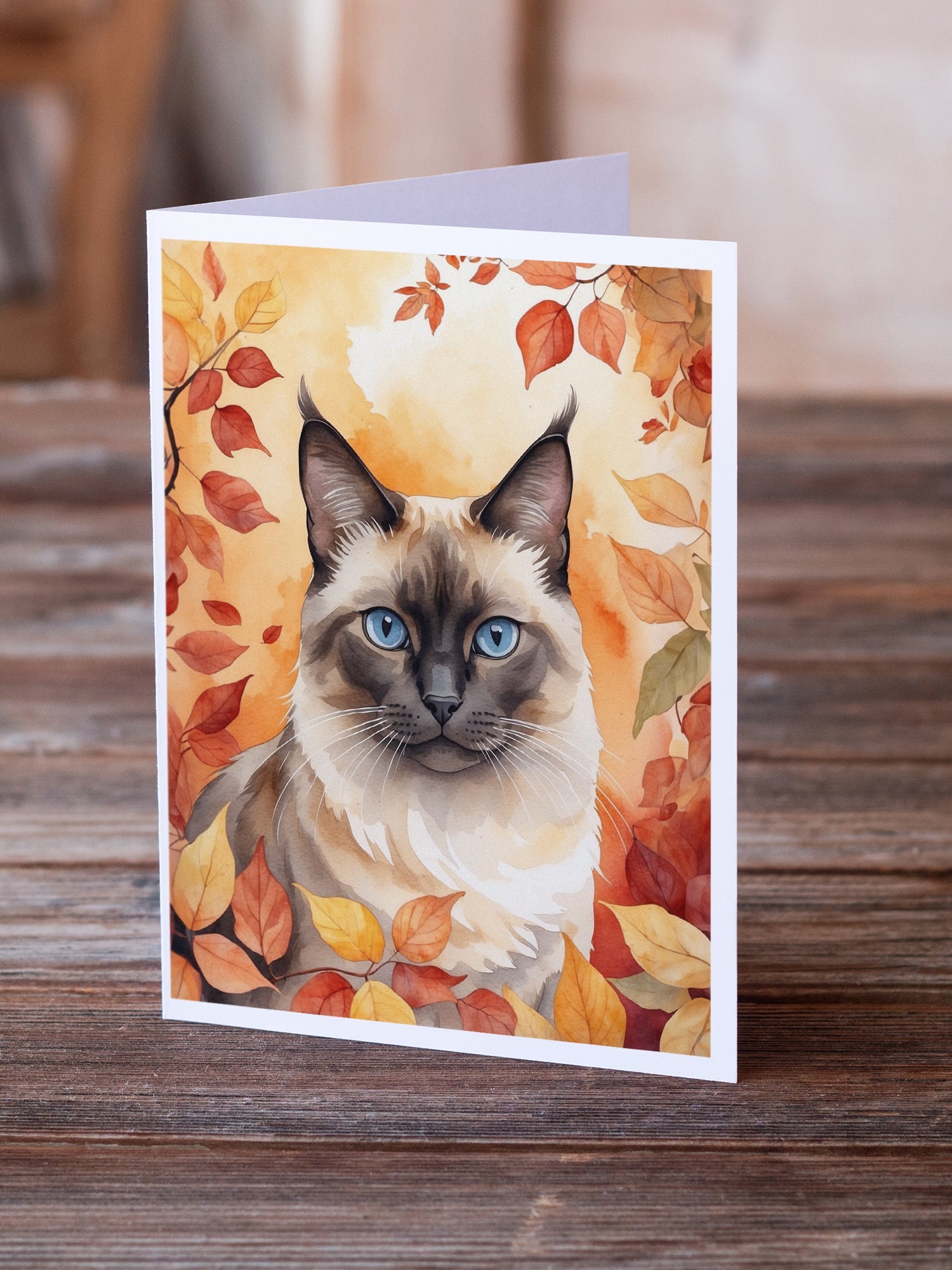 Birman Cat in Fall Leaves Greeting Cards Pack of 8 Blank Cards with Envelopes Whimsical A7 Size 5x7